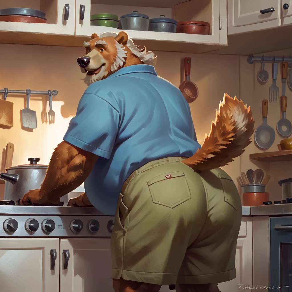 (by Taran Fiddler), (by Anhes), (by bontiage), bear, semi-feral, male, old, mature, elderly, overweight, thick thighs, wide hips, bubble butt, khaki shorts, streaching clothes, presenting hindquarters, blue shirt, mustache, bushy eyebrows, facial hair, bear tail, cozy kitchen, warm sunlight, sweet smile, raised tail