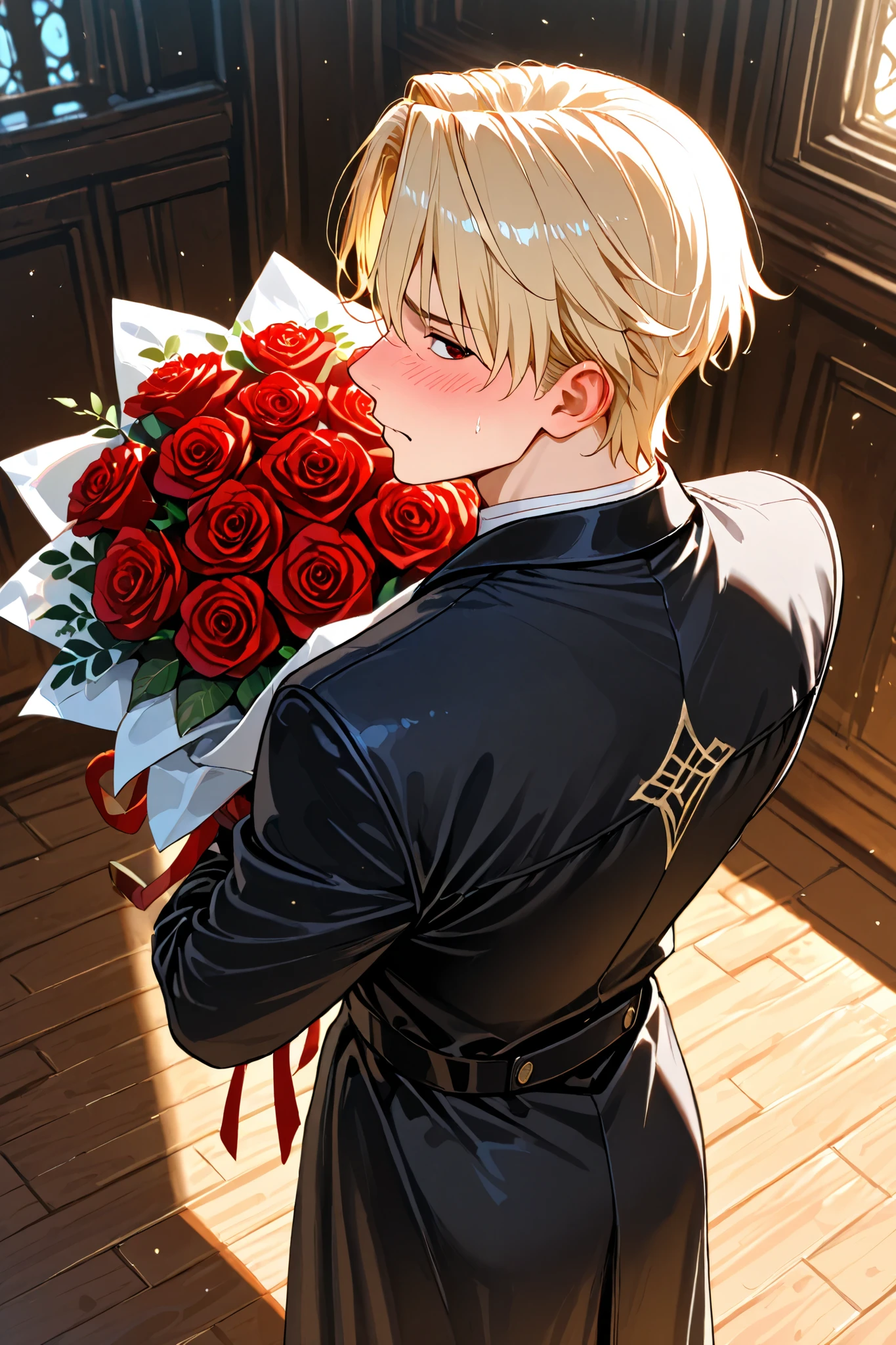 1boy ,, {{masterpiece}}, {{{best quality}}},{{ultra-detailed}},. A comical expression.from above,。cowboy shot,A good-looking aristocratic man, stiff and nervous with a bouquet of flowers.black Coat of nobility. Blonde hair.. A bouquet of red roses,High angle view, dynamic composition, active angles.Blush、majestic man., back view. Profile.