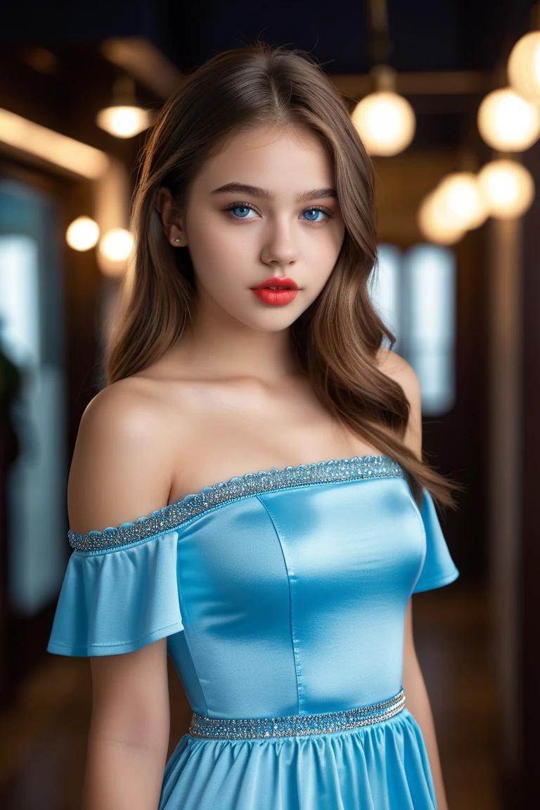 warm smile (red lips), golden long hair,blue eyes,blue dress,white stockings,jewelry necklace, pale girl, thick legs, walking, in a garden full of roses