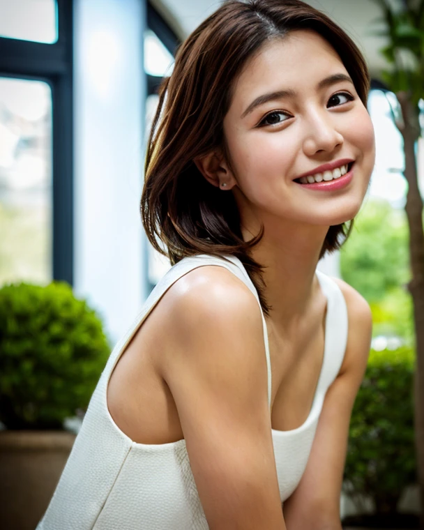 (Raw Photo), (Photorealsitic), (Masterpiece), (Best Quality), High Resolution, 8K, (Intricate Details), (Voluminous Light), Female, (nude), 35 Years Old nude, Medium Hair, middle breasts cleavage, layered hair, brown hair, very fine eyes, source order, very fine eyebrows, very fine skin, very fine mouth, very fine nose, cute like an idol, happy smile, (thick lips), (looking at the viewer), (full body shot),