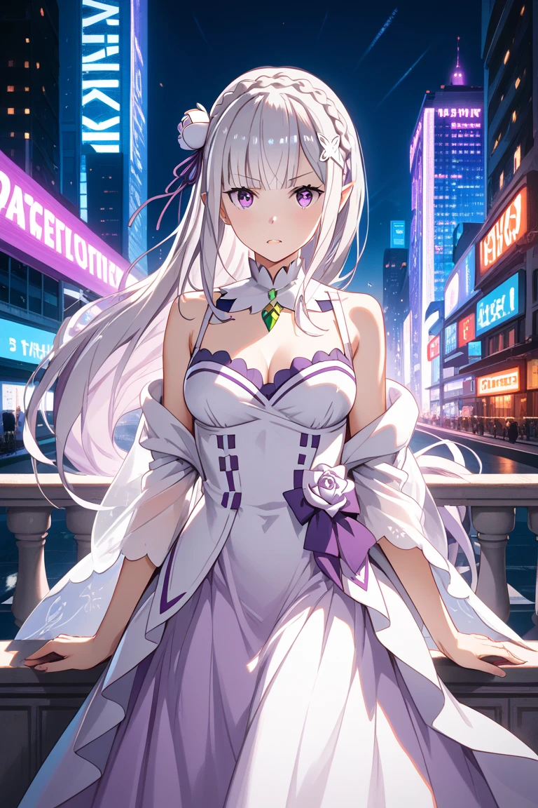 a women, white hair, purple eyes, white dress