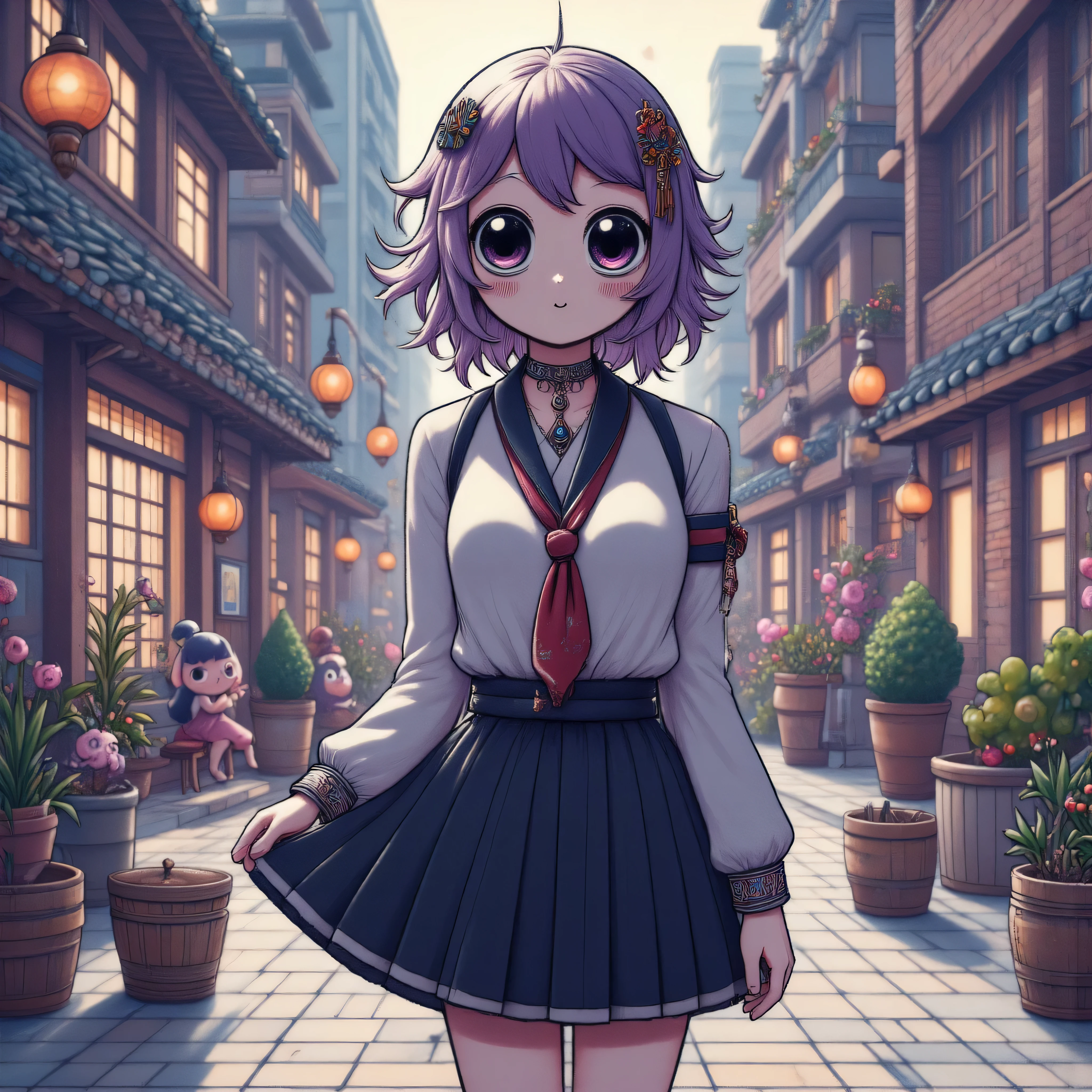 1 girl, best quality, masterpiece, high resolution, [purple|sliver|green] _hair, black miniskirt, hair accessory, necklace, jewelry, beautiful face, looking forward, full body view, realistic, outdoor, modern square, two-tone lighting, (high detail skin: 1.2), 8k UHD, dslr, soft light, high quality, volumetric light, candid, photo, high resolution, 4k, 8k, background blur