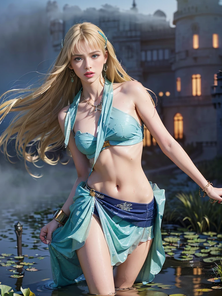 A beautiful female, delicate features, full lips, crystal blue eyes, fair complexion, very long flowing blonde hair in elaborate braids with blue roses braided into it, intricate elven gown in transparent blue with gold trim, slim build, thin waist, flat stomach, slender hips, full firm perky breast, long shapely legs, sitting in a garden filled with flowers and eleven architecture, ((small pointed ears)) twilight hour, full moon