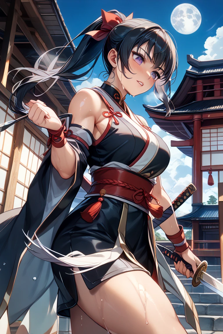 absurdres, RAW photo, extremely delicate and beautiful, masterpiece, Best Quality, ultra high resolution, 32k, hyperrealistic, ultra-detailed, in her 20s, delicate facial features, tearful mole, earring, medium breasts, full body shot, shorter middle hair, black hair, shuimobysim, Japanese kimono, ninja, samurai, sword with blue flames,