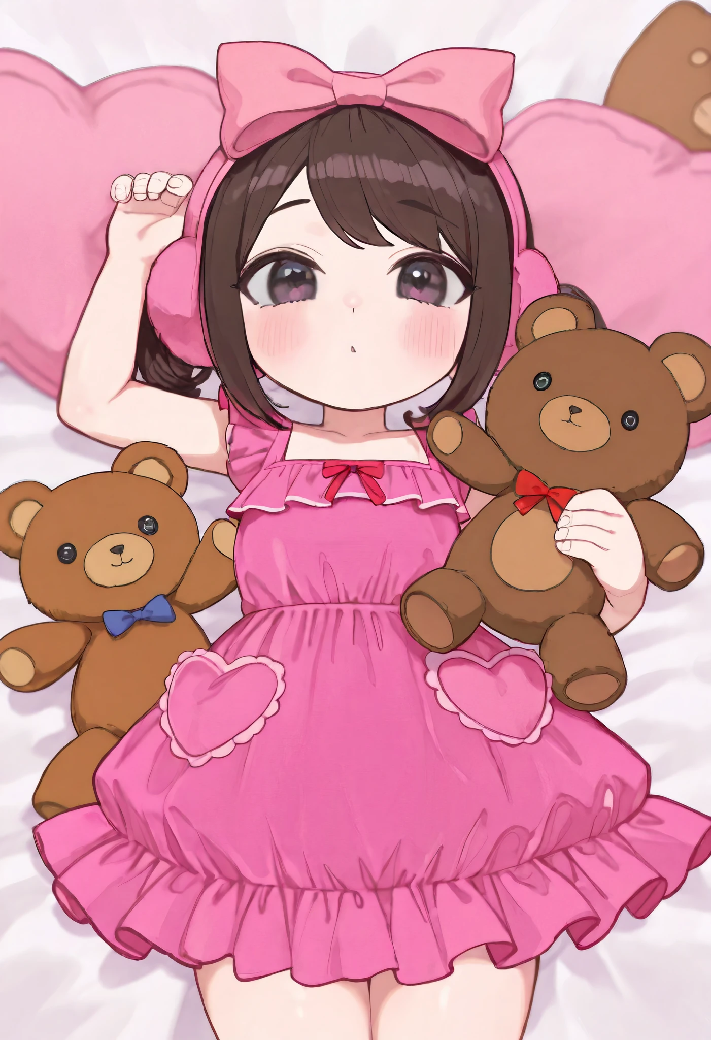 high quality,detailed,Single,fancy style, plush toy,brown teddy bear,くまの plush toy,evildoer,上質な plush toy,ドレスを着た plush toy,Teddy bear in pink ruffle dress,high qualityなパンティ