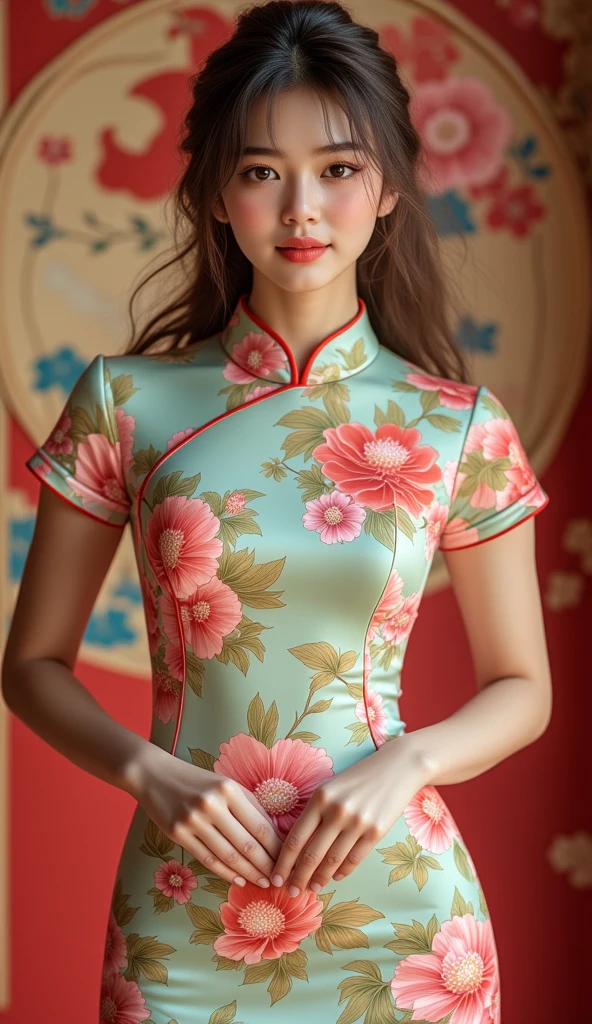 illustration by artgerm,ayami kojima,attractive woman,perfect body,hyperfeminine curves,floral body hugging cheongsam,cute and playful,vibrant,emotive expressions,(best quality,4k,8k,highres,masterpiece:1.2),ultra-detailed,(realistic,photorealistic,photo-realistic:1.37),HDR,UHD,studio lighting,physically-based rendering,extreme detail description,professional,vivid colors,portraits,colorful lighting