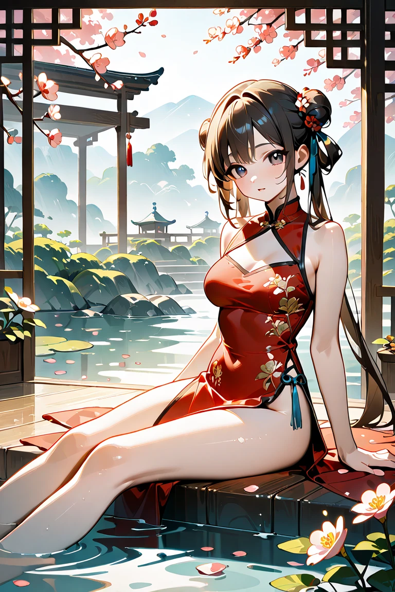 highest quality, 8k, (wide angle lens),1 girl, (Mayl Edelfelt),,long black hair,brown eyes,enchanting smile, barefoot, China dress, butterfly, butterfly hair accessory, backless dress, Chinese service, 2倍good,Golden dragon pattern,barefoot,full moon,elbow bag,good, hair accessory,jewelry,earrings,Beaded anklet,thin legs,nail polish, Medium chest, alone, それからnail polish, outdoor,Chinese style architecture, Chinese style, lake, ancient town, Beautiful and detailed water,red lantern,