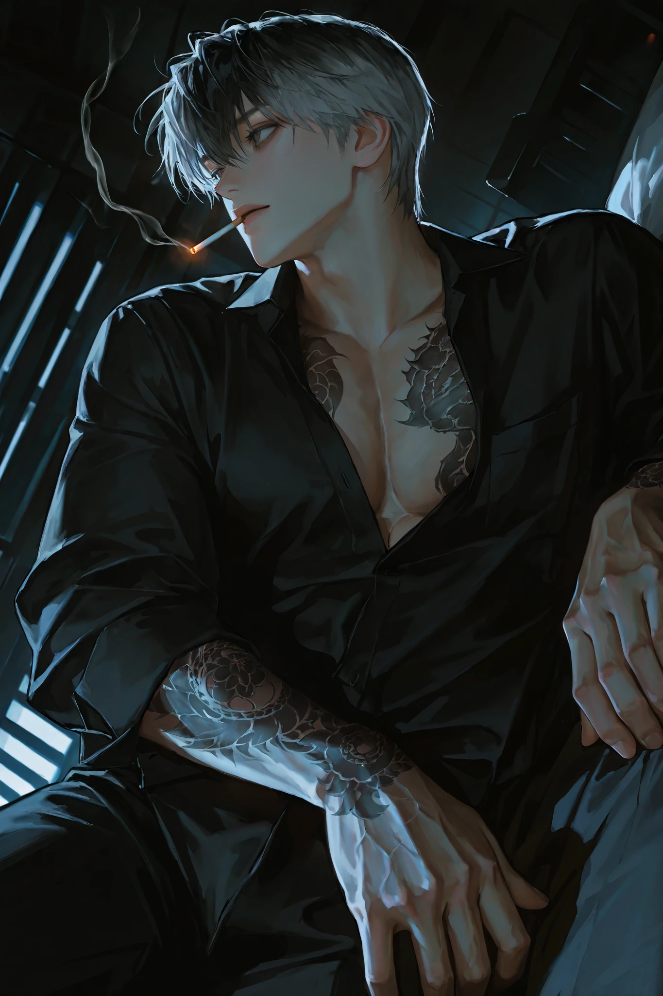 middle-aged male, handsome, Lying, black hair, 1 man with a gun, dark circles under the eyes , short hair, male-centered, handsome man, Thick painted , Korean Comic Style , semi-realistic art , semi-realistic art style, Expressive Brushwork, vibrant brushstrokes, Impressionist painting , Realistic Skin, realistic hair , realistic details , photorealistic, high detail, man's head turned back, gray hair, muscular, near, Yakuza tattoo, black shirt, office, dark , heavy body, big hands, dark 공간, alone, alone, Front view, cigarette