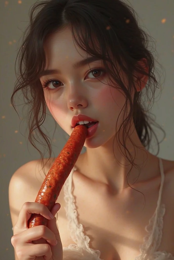 (realistic, photo-realistic:1.4), (best quality, masterpiece:1.2), RAW photo, high resolution, intricate details, extremely detailed, realistic and sharp details, (portrait, face focus), solo, a Japanese woman, Erika Ikuta, (eating a huge sausage, shovel a long sausage deep into mouth:1.4), (detailed face, beautiful detailed eyes, beautiful pupils, sophisticated nose), pale skin, fine-textured skin, necklace, jewelry, collarbone, wearing some clothes, simple background,