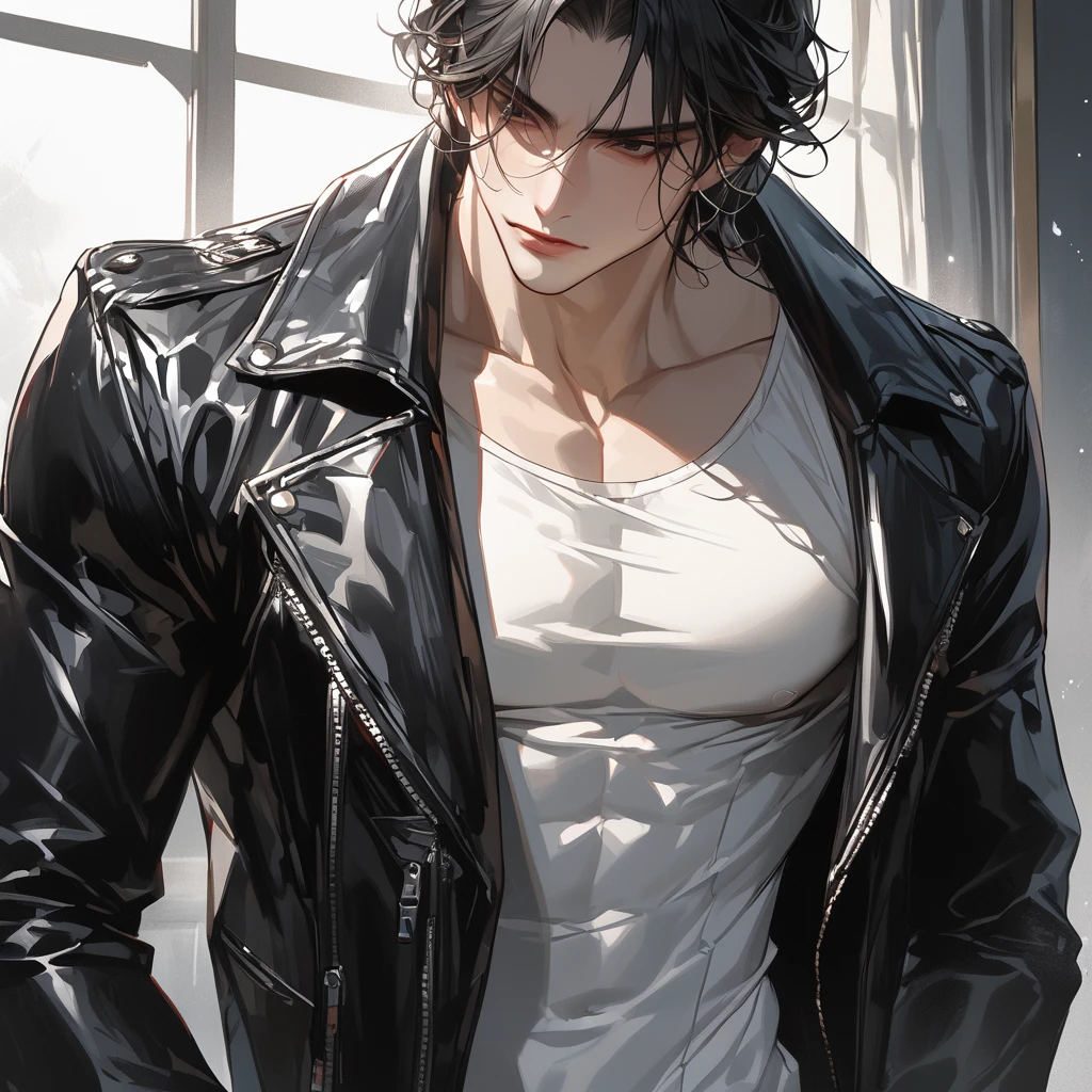 (absurdres, highres, ultra detailed, HDR) master piece, best quality, perfect face, delicated features, Yoo Joonghyuk, black hair, expressive gray eyes, Omniscient reader's viewpoint, solo, sexy man, handsome, bare chest, sea, beach, petals