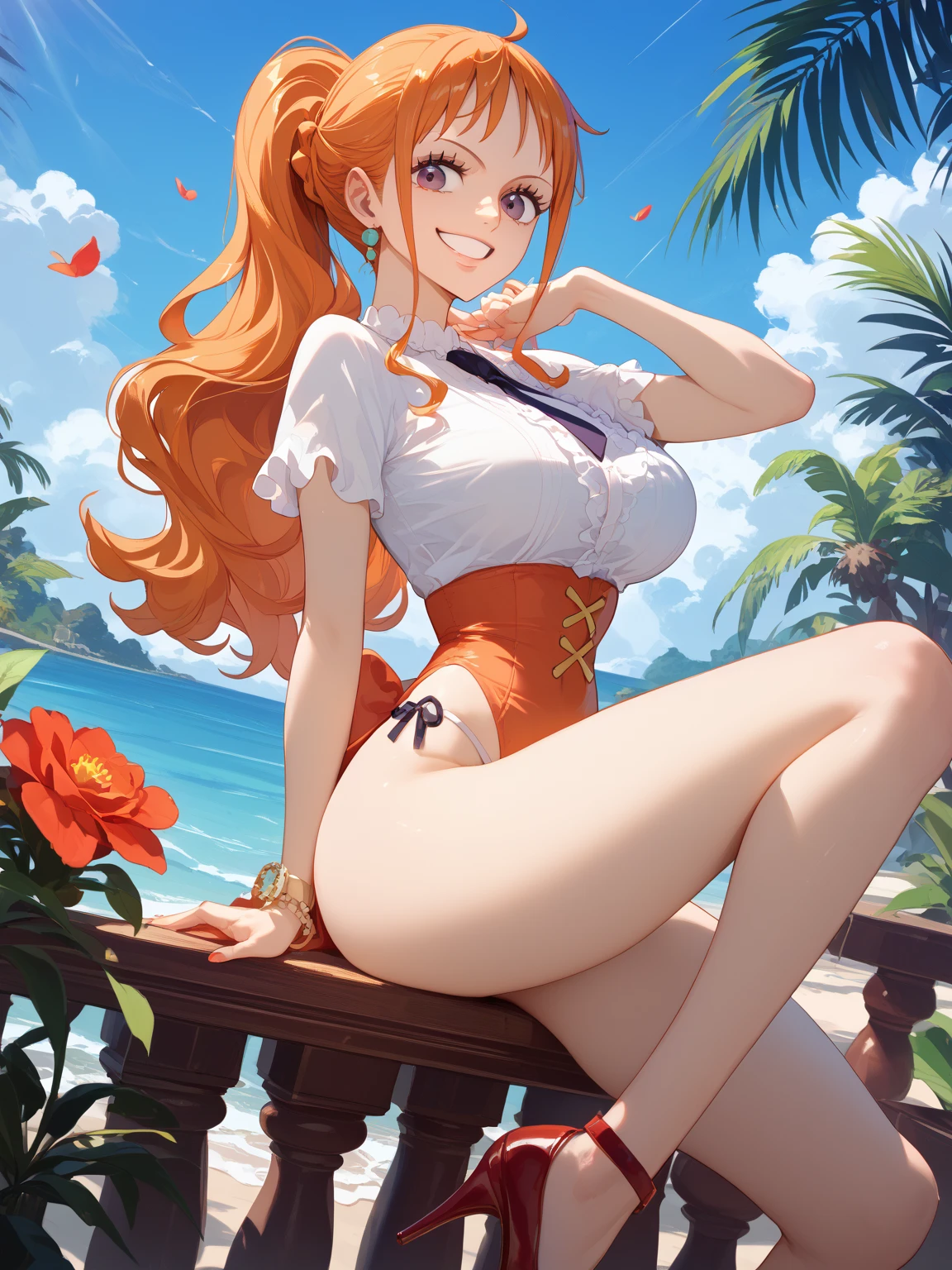 Imagine an anime girl with peach-toned, flowing locks, styled in loose curls reminiscent of ripe peaches. Her latex swimsuit mirrors the warm hues of juicy peaches, with a subtle velvety texture. Seated in a peach orchard, she holds a basket filled with ripe fruits, and the swimsuit features delicate peach blossom motifs. Her expression is a mix of innocence and allure, inviting others to savor the sweetness of the moment in the midst of a serene orchard.