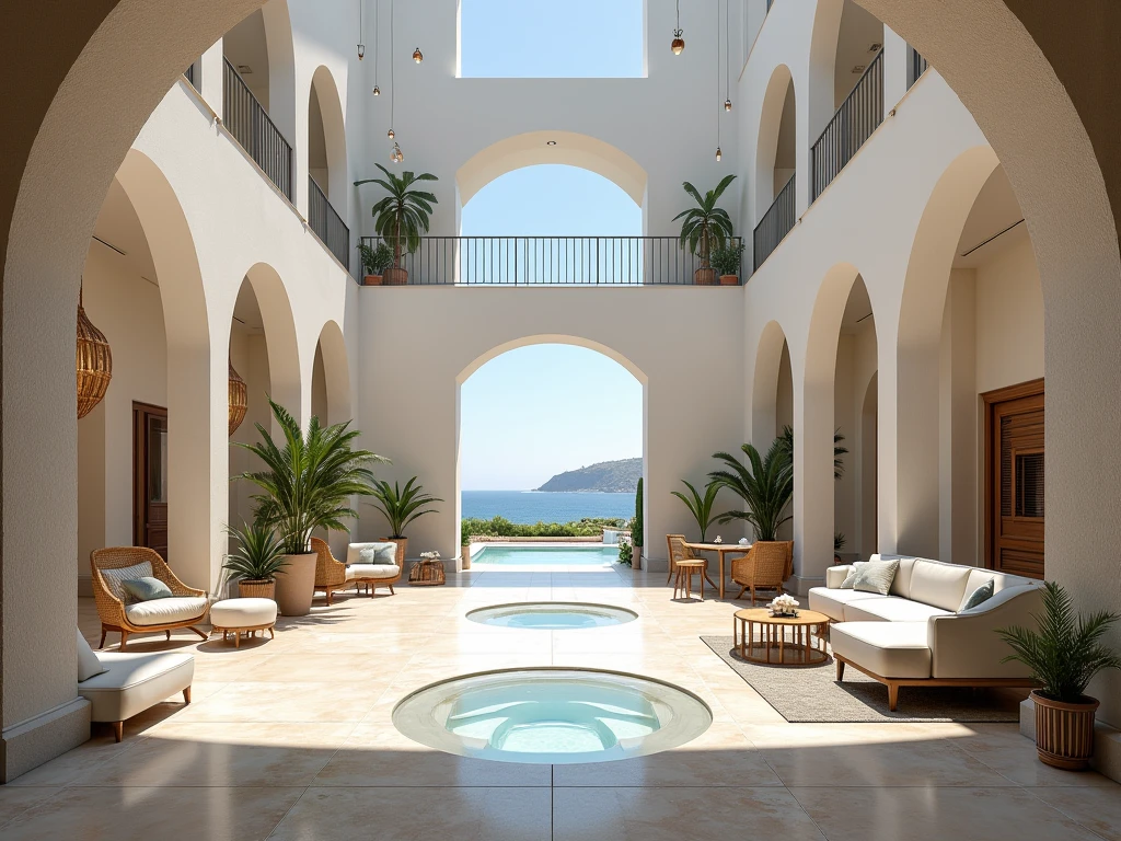 create a moodboard for a hotel lobby, in a mediterranean architectural style