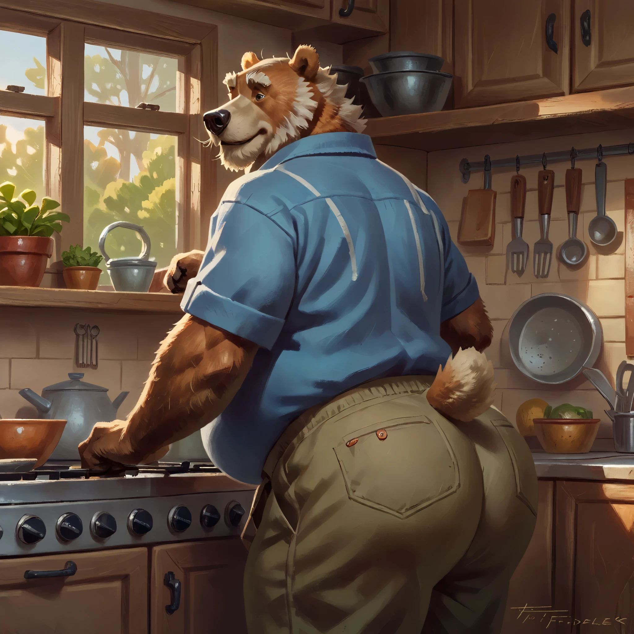 (by Taran Fiddler), (by Anhes), (by bontiage), bear, semi-feral, male, old, mature, elderly, chubby, thick thighs, wide hips, bubble butt, khaki shorts, streaching clothes, presenting hindquarters, blue shirt, mustache, bushy eyebrows, facial hair, bear tail, cozy kitchen, warm sunlight, sweet smile