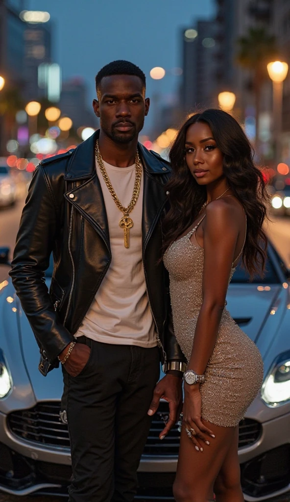 black male rapper Gangsters couple, money in hand, gold chains around their necks, gold teeth, luxury cars in background, designer rapper gold clothes, Mansion compound setting, fountain, fireworks in the sky (natural skin texture, hyperrealism, soft light, sharp), front view, full body shot, night time, mansion light illumination
