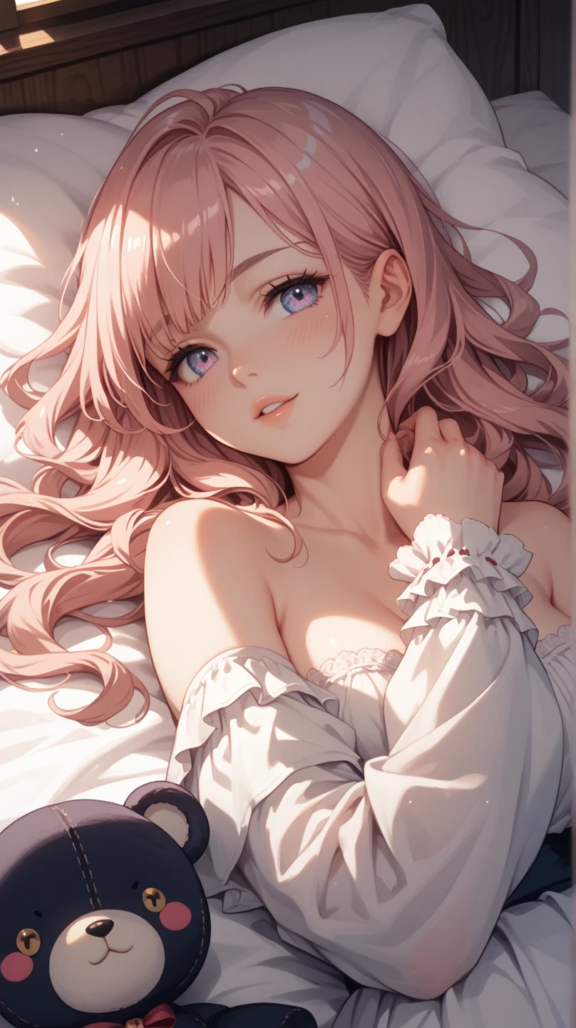 (Best Quality,High resolution,8K,finelity detailed background,Masterpiece:1.2),beautiful girl,Shiny pink hair,messy hair,Pink eyes,Gentle look,A refreshing look,Best quality,Best Quality,Aesthetic and aesthetic:1.2,Best details((Super detailed))(High-definition CG illustrations),Glamorous black underwear (black,intricate lace),Slender body,night,Moonlight,Bedroom,On the bed,smile,blush,cute,Scrounge,Looking up,Being spoiled,Smiling Kindly,super model,wariza,shoot from below