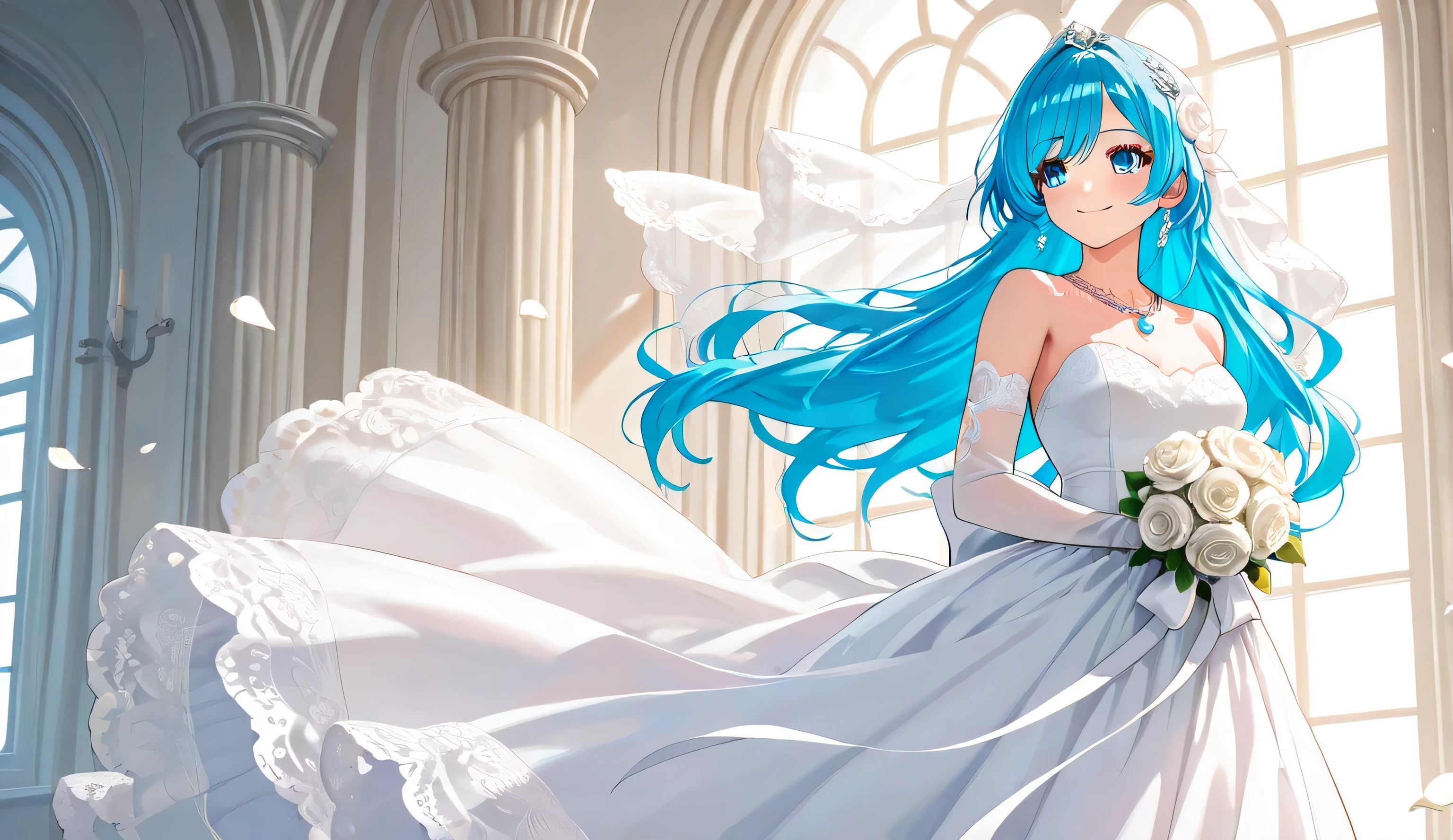 Masterpiece, Best Quality, Top Quality, Very Detailed, An anime-style illustration of a beautiful bride with long, flowing twin-tailed blue hair, adorned with delicate white roses. She has bright blue eyes and a gentle, enchanting smile. She wears an elegant white wedding dress with intricate lace details and a sparkling crystal necklace. Soft petals float around her as she stands in a sunlit room with white roses in the background, creating a dreamy and romantic atmosphere. The lighting is soft and ethereal, enhancing the magical and elegant ambiance.