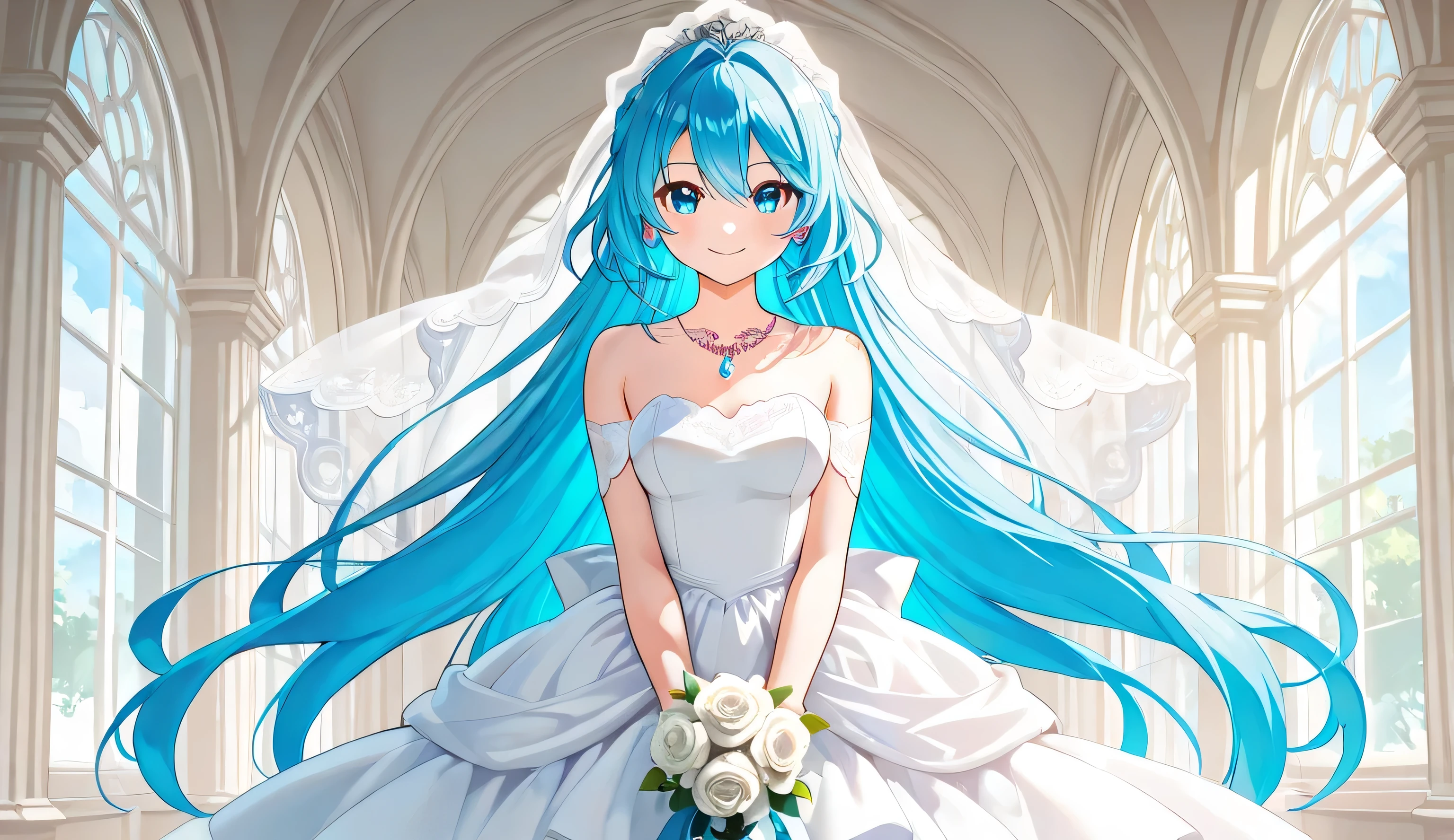 Masterpiece, Best Quality, Top Quality, Very Detailed, An anime-style illustration of a beautiful bride with long, flowing twin-tailed blue hair, adorned with delicate white roses. She has bright blue eyes and a gentle, enchanting smile. She wears an elegant white wedding dress with intricate lace details and a sparkling crystal necklace. Soft petals float around her as she stands in a sunlit room with white roses in the background, creating a dreamy and romantic atmosphere. The lighting is soft and ethereal, enhancing the magical and elegant ambiance.