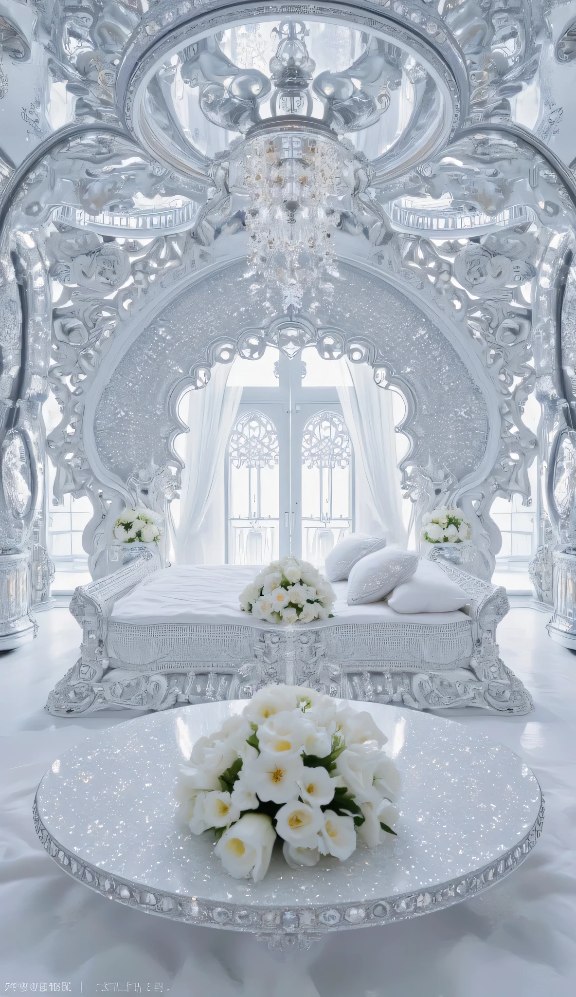 A royal palace is a sleeping place with white flowers on a table . Made of diamonds