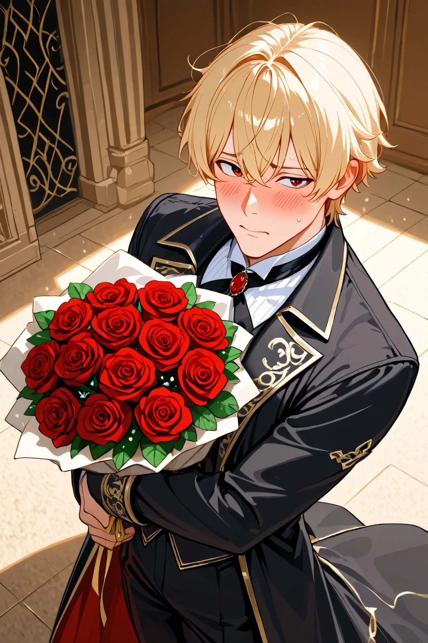1boy ,three-quarter view,Oblique 45-degree view.,. A comical expression.from above,。cowboy shot,A good-looking aristocratic man, stiff and nervous with a bouquet of flowers.black Coat of nobility. Blonde hair.. A bouquet of red roses,High angle view, dynamic composition, active angles.Blush、majestic man.,