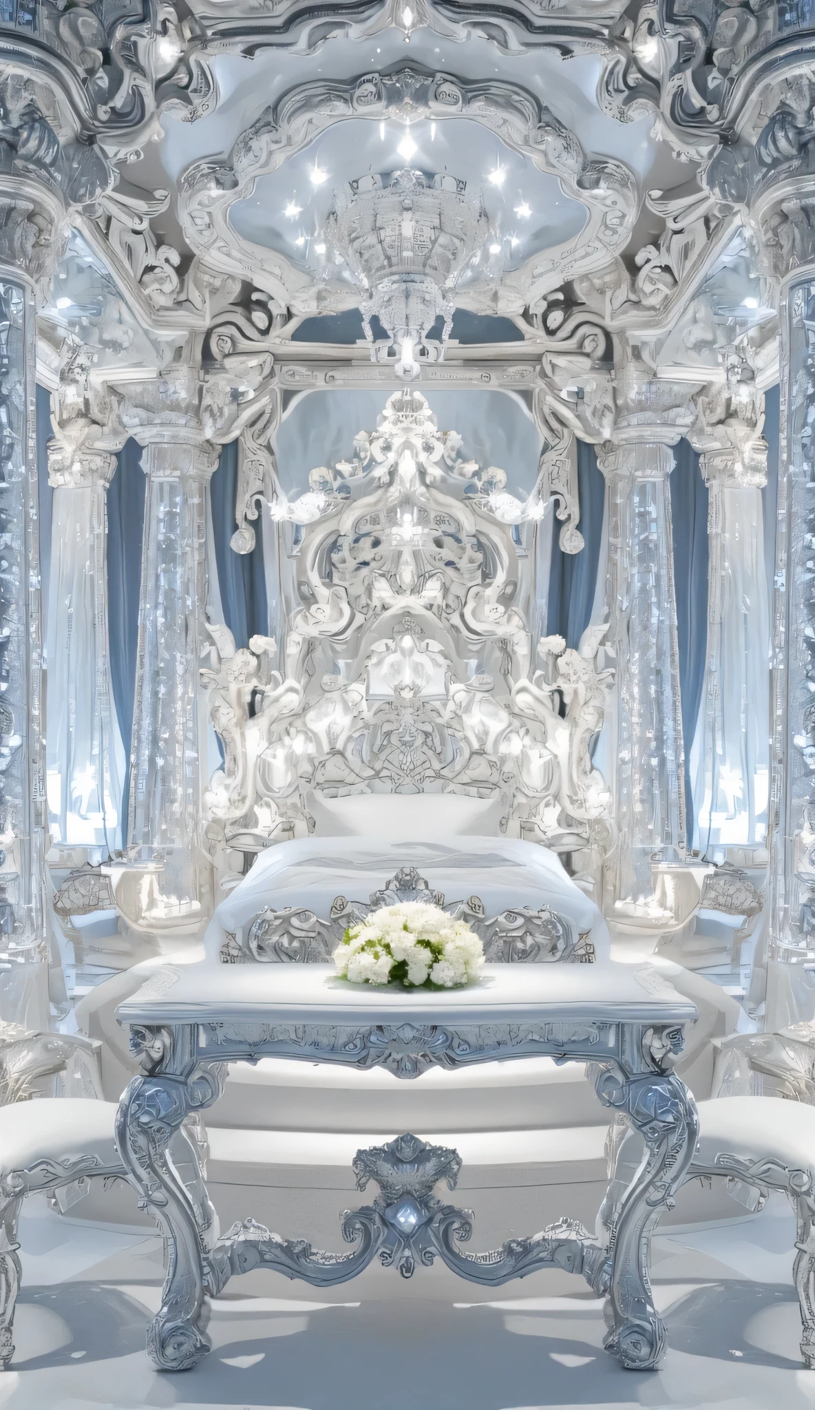 A royal palace is a sleeping place with white flowers on a table . Made of diamonds