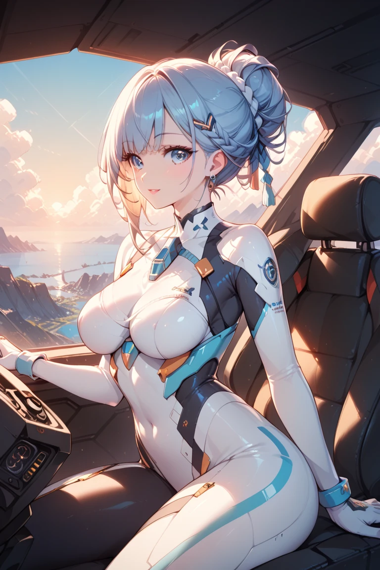 Raumanzug, Weltraum, Cockpit, gorgeous woman, medium boobs, Tiefer Weltraum, Planetary surface, starbackround, blaues Haar, absurd lange Haare, Schutzbrille, orangefarbene Augen, Fuchsohren, beschattet, schmollend, Hyperrealismus, Anime-Stil, Futurismus, bloom, Hintergrundbeleuchtung, raytracing, Leuchtendes Licht, Filmische Beleuchtung, best quality, hight resolution, 16k, 8K, Meisterwerk, ccurate, Hohe Detailgenauigkeit, Preisgekrön