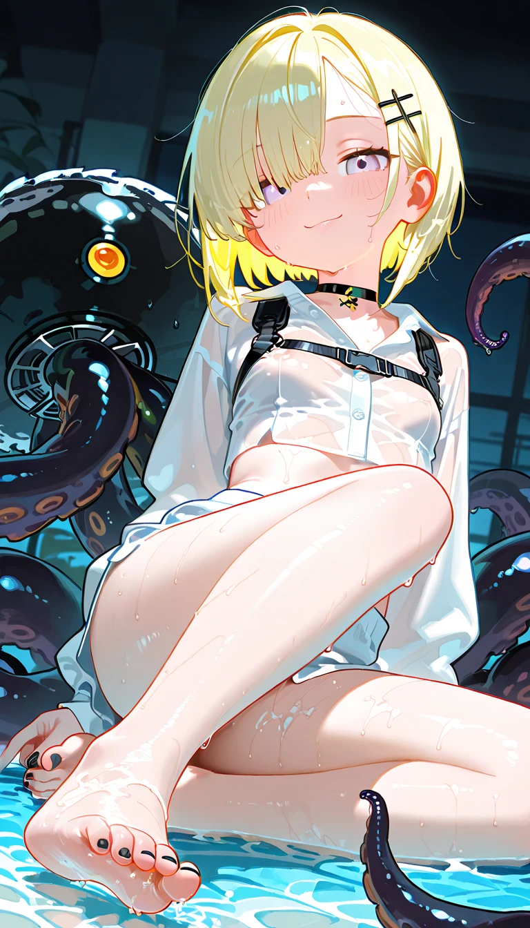 A young girl and a tentacle have sex until they climax,Tentacles moving around in her pussy,cute,Boyfriend Shirt,Gray Hair,Short Hair,C Cup,A place full of tentacles,Ecstasy face