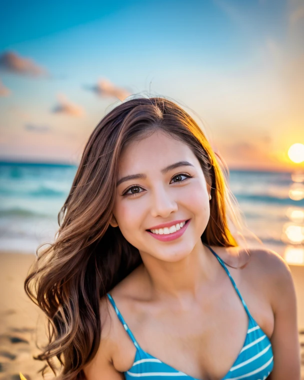 pretty woman, windblown blonde hair, shining blue eyes, realistic, masterpiece, highly detailed, 4K, beach background, highly detailed light, small smile, white skin,swimsuit