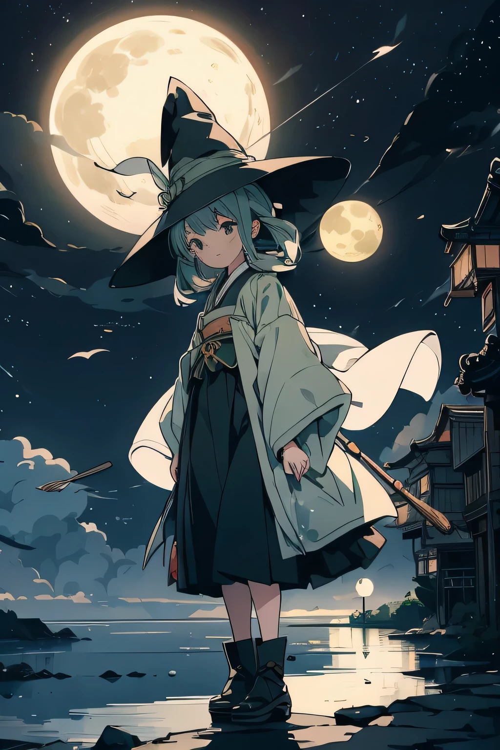 Translucent Illustration 、 Japanese anime style illustration 、 Small Shadows Seen in the Distance 、 Shadow of a Little Witch Straddling a Broom Can Be Seen in the Distance 、green、 Dynamic Angle 、 is amazing、 Highest precision、 top quality 、 fantasy、Effective Production 、 Full Moon Seen in the Distance 、 Seaside Town Sky at Night 、 Horizontal Line、movie、 artistic、delicate、sentimental、 highlights 、 Contrast