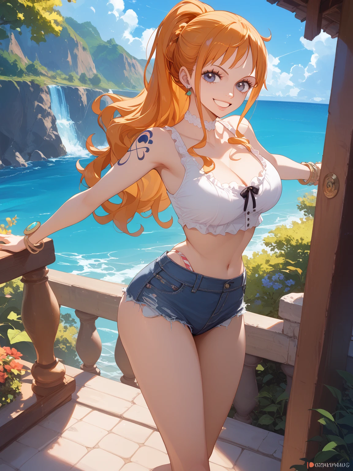 (bestquality,masterpiece) ,NamiOP, jewelry, smile, cleavage, earrings, swimsuit, bikini, open_mouth, bracelet, navel, collarbone, bikini_top_only, denim, pants, jeans, :d, groin, holding, closed_eyes, sitting, stomach, blue_pants, blurry_background, hat, solo_focus, blurry, food, fruit, orange_\(fruit\), holding_food, holding_fruit, mandarin_orange, straw_hat, 
