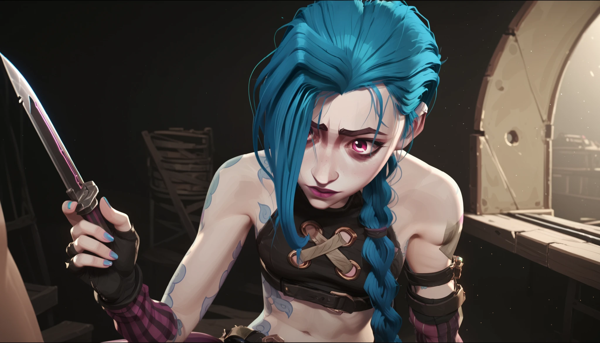jinx, woman with blue hair and tattoos, holding a knife , 1 , long hair , short hair, navel, bare shoulders are visible, with mouth closed, highlighted sleeves , green hair, fingerless gloves, pink eyes , double braids, short top, detailed background , against the backdrop of a destroyed room, letterboxado tattoo , black belt, asymmetry bangs, brown stripe, arm tattoo , brown shirt, shoulder tattoo , belly tattoo, Striped pants , striped sleeves, pink pants , Jinx League of Legends, surround lighting " ,new, nu