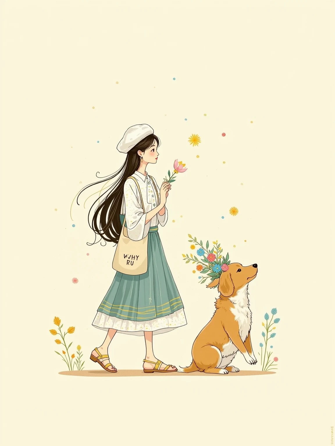 Yeoniu Choi's healing stick figure style,Cartoon illustration, solid background , a beautiful and stylish long-haired girl ,Wearing a beret ,Carrying a canvas bag,Holding a bouquet of flowers in his hand, with a dog ,Minimalism,healing illustration