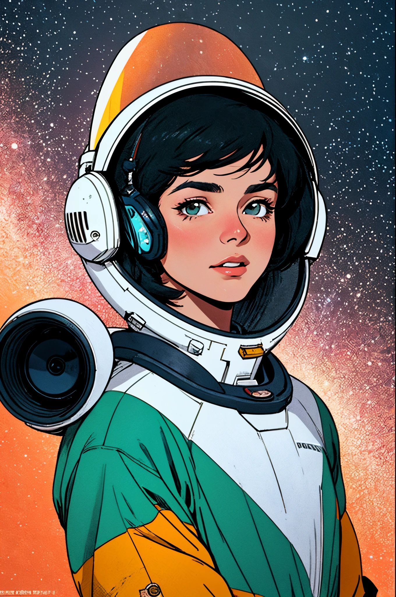 (((masterpiece,best quality))),32K Wallpaper,((( very detailed poster))),retro vintage,sci-fi,(((space thriller cinematic movie poster))),(((Bauhaus))),(((mid-century modern))),(((ultimate galaxy))),(solo1girl :1.2),(((duotone))),(((Perspective)))