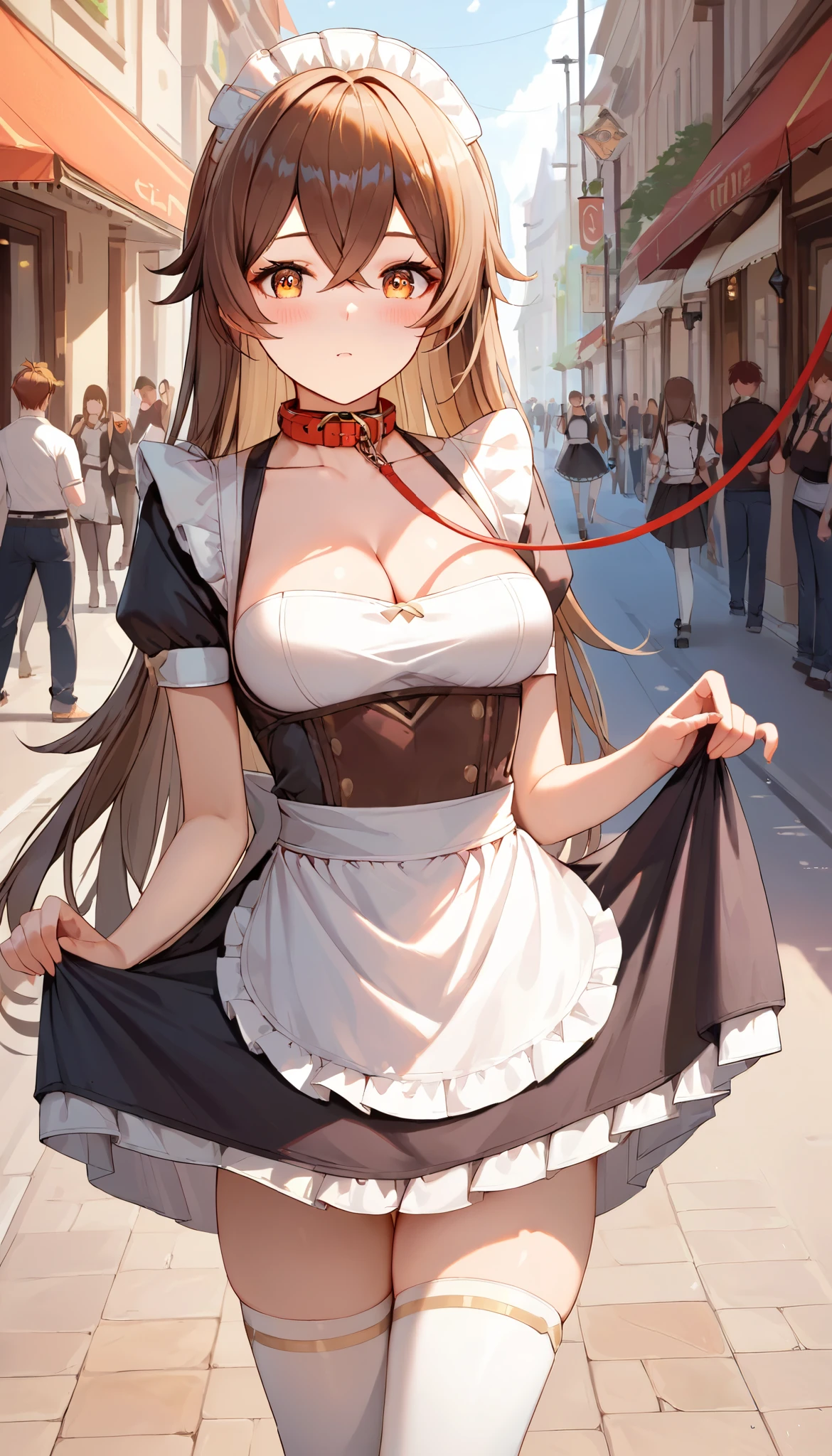 score_9, score_8_up, score_7_up,source_anime, high res image,masterpiece,best quality,girl,cute face,clear skin,amber_genshin, street, crowd, collar, maid, maid apron, cleavage, thigh highs, cowboy shot, blush, leash