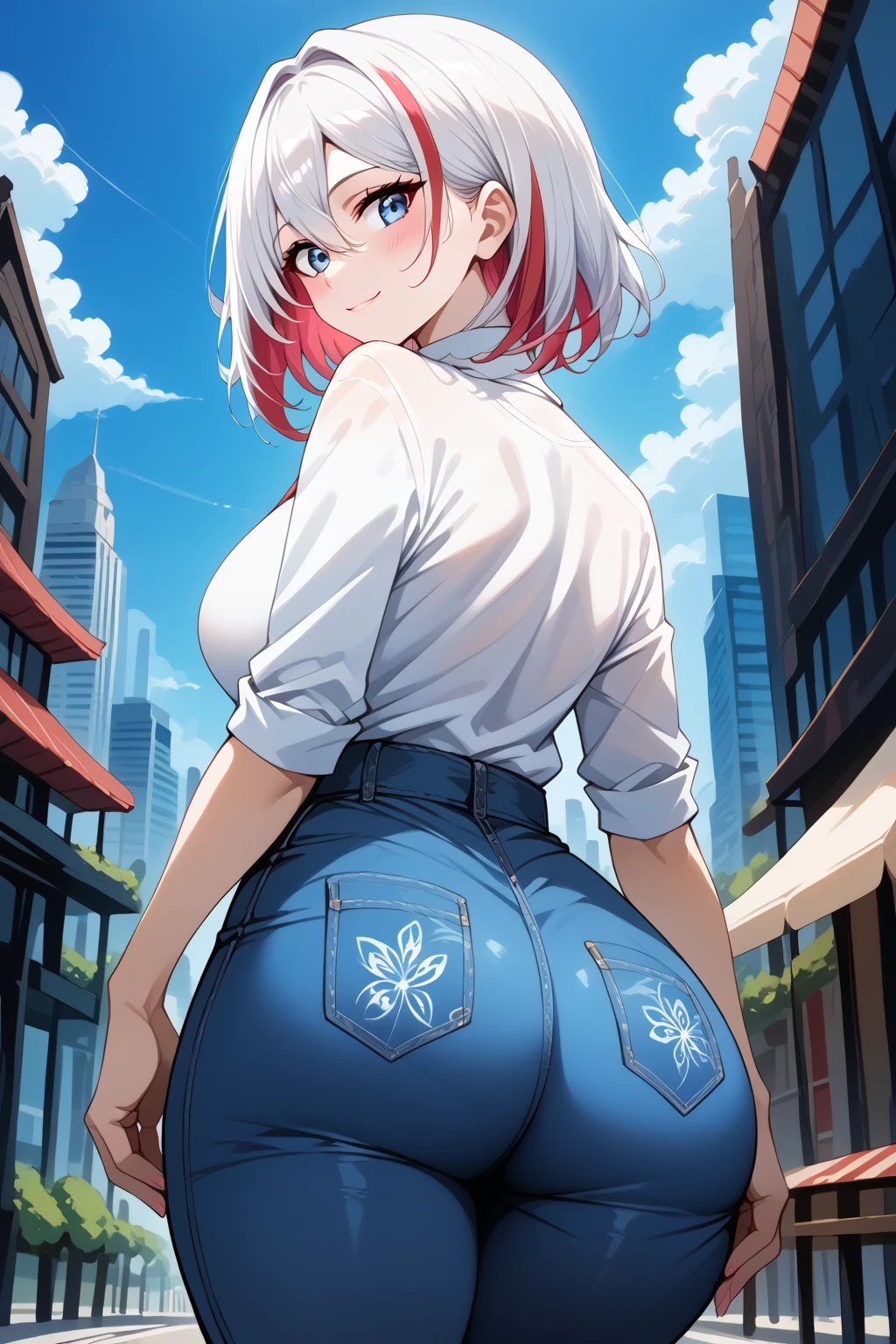 absurd, highres, facing the back, show panties, (big ass), (butt view: 1.6), big breasts, BREAK looking at the viewer, Cowboy shot, (from bottom:1.5) BREAK (bright color: 1.3) BREAK (a girl: 1.3), (loli: 1.2), solo, 1girl, white hair, pink eyes, short hair, big eyes, skirt, black thighs, (masterpiece:1.2, best quality), (beautiful finely detailed eyes: 1.2), (beautiful detailed face), (sharp hair of the face between the eyes, public place, (view of the ass: 1.6), earrings, jewelry, nm1, looking at the viewer, Cowboy shot, show panties, (breast: 1.3), ass, round eyes, (blowing in the wind: 0.5), sweat around the girl, dripping sweat, squall (wind: 1.2), sensation of speed, refreshing breeze, motion blur effect, wind, (no pants visible:1.4), blue sky with clouds, outdoors, (magnificent panoramic view:1.2), wind BREAK sunlight, magnificent view, rainbow in the sky, light particles, dynamic angle, Dutch angle, perspective BREAK (daytime, sunbeam:1.2), depth of field, bokeh, light leaks, (chromatic aberration:1.2), noon BREAK --auto