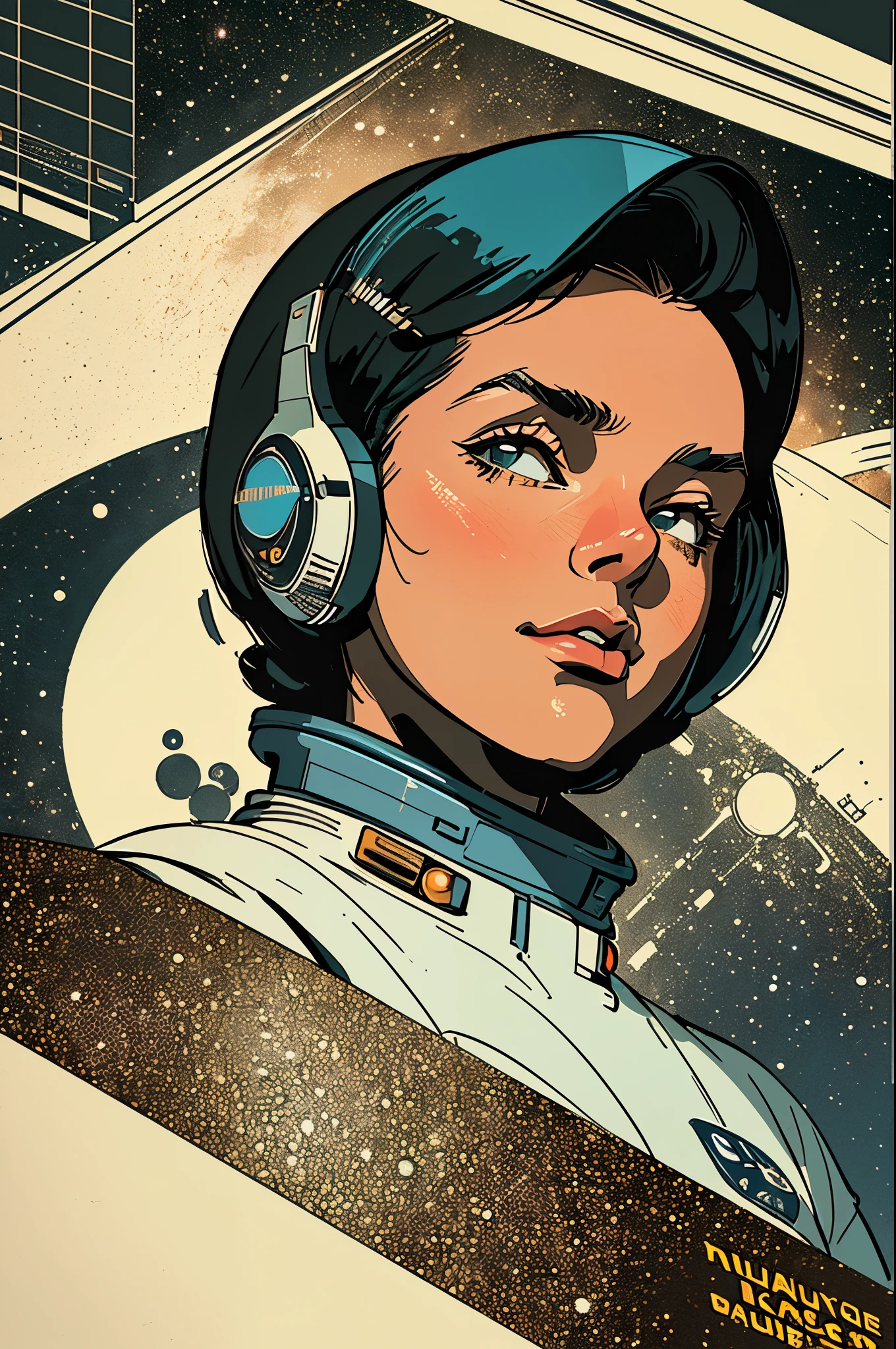 (((masterpiece,best quality))),32K Wallpaper,((( very detailed poster))),retro vintage,sci-fi,(((space thriller cinematic movie poster))),(((Bauhaus))),(((mid-century modern))),(((ultimate galaxy))),(solo1girl :1.2),(((duotone))),(((Perspective)))
