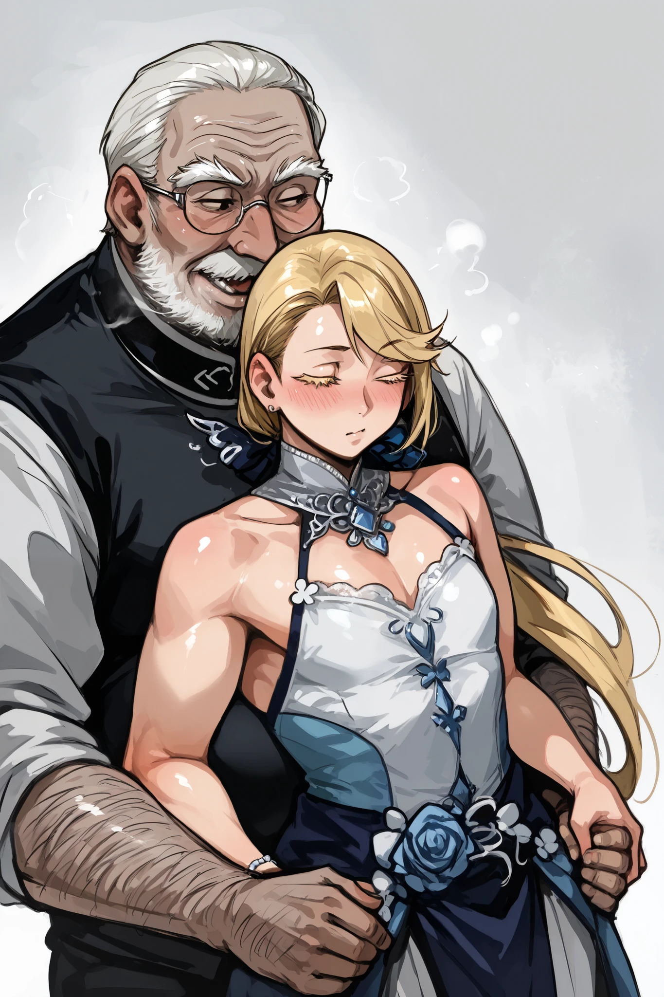 score_9, score_8_up, (candydoII boy with milfy mature sculpted body), puffy thicc man-chest:1.2, (puffy chest), solo sugar femboy w/ mature body, (anime mature femboy with pale-blonde smooth-straight mid-long hair with swept bangs:1.2), loose low ponytail, (femboy golden bushy very thick eyelashes:1.2), masterpiece, best quality, (taken from dynamic masterful angles:1.2), anime moe artstyle, soft-toned waifu, exude eroticism, (mature woman with lean perfection abdomen:1.5), sweet sweet mommy's expression, (ample littIe femboys natural smaII chest), Curvy body, (thick fleshy arms:1.5), oh my god that arms are so sexy!!, from above, steaming body, Hd eyes, BREAK, (scene a femboy with a paunchy older ojiisan dancing in ballroom:1.2), (the old man is royally dressed is a commander), ((size difference - smaller_femboy_&_bigger_man)), (littIe femboy x paunchy old man:1.5), 1woman 1man, size difference, Half body photograph of a cute and attractive erotic femboy in a palaces ballroom with many windows ::3 fantasy princessy form - fitting sleeveless bare-shoulder clothing cleavage that accentuates his perfect body ::2, embracing holding hands with ugly fat old man in a waltz, facing each other in a waltz dancing, break, bare-shoulder, sleeveless, puffy man-chest cleavage, Photograph captured using a Canon 6D Mark II with an 85mm lens at f/ 4 and ISO 100 ::3 Glamour shot, award - winning photograph, sharp focus, dynamic lighting ::1,