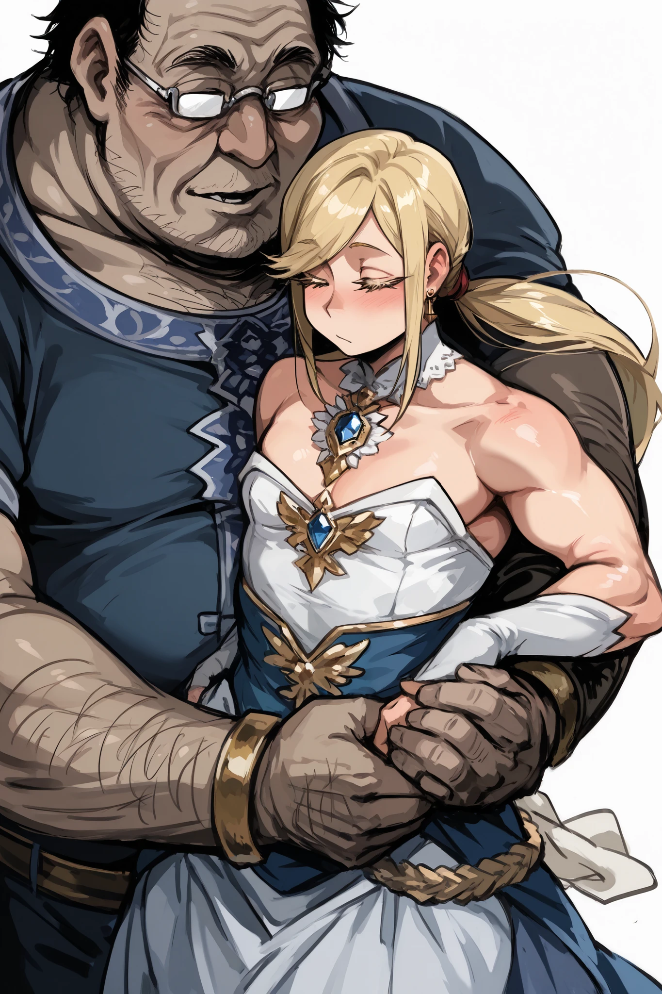 score_9, score_8_up, (candydoII boy with milfy mature sculpted body), puffy thicc man-chest:1.2, puffy chest, solo sugar femboy w/ mature body, (anime mature femboy with pale-blonde smooth-straight mid-long hair with swept bangs:1.2), loose low ponytail, (femboy golden bushy very thick eyelashes:1.2), masterpiece, best quality, (taken from dynamic masterful angles:1.2), anime moe artstyle, soft-toned waifu, exude eroticism, (mature woman with lean perfection abdomen:1.5), sweet sweet mommy's expression, (ample littIe femboys natural smaII chest), Curvy body, (thick fleshy arms:1.5), oh my god that arms are so sexy!!, from above, steaming body, Hd eyes, BREAK, (scene a femboy with a paunchy older ojiisan dancing in ballroom:1.2), (the old man is royally dressed is a commander), ((size difference - smaller_femboy_&_bigger_man)), (littIe femboy x paunchy old man:1.5), 1woman 1eyeglassesman, size difference, Half body photograph of a cute and attractive erotic femboy in a palaces ballroom with many windows ::3 fantasy princessy form - fitting sleeveless bare-shoulder clothing cleavage that accentuates his perfect body ::2, embracing holding hands with ugly fat old man in a waltz, facing each other in a waltz dancing, break, bare-shoulder, sleeveless, puffy man-chest cleavage, Photograph captured using a Canon 6D Mark II with an 85mm lens at f/ 4 and ISO 100 ::3 Glamour shot, award - winning photograph, sharp focus, dynamic lighting ::1,