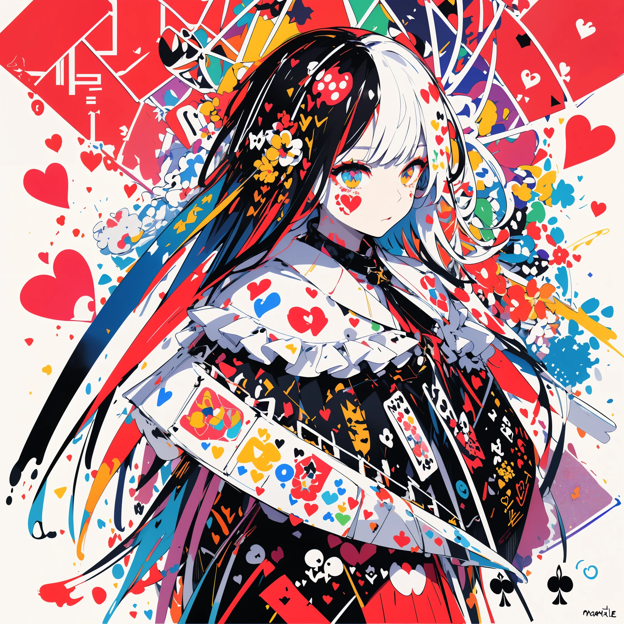 Rainbow 、mask、masterpiece, full body、Highest quality, female、 heart、 heartMark、Rainbow、Alone, (Doodle:1.5), paint splatter, , Body Paint,Colorful hair, with golden eyes, rainbow、 splash 、colorful、 face paint、 casual clothes、Trump 、card、Mark、casino、Poker