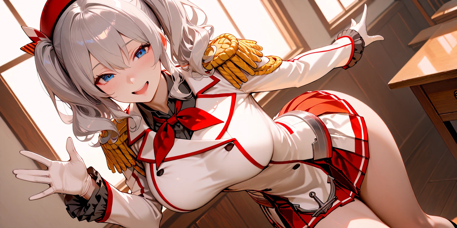 masterpiece, best quality,1girl, solo, bangs, left hair ribbon, (small breasts:1.4), red eyes, short hair, smile, solo, white hair, (Strapless:1.1), (off-the-shoulder:1.1), (cowboy shot:1.2),  <hypernet:lycorisRecoil_chisato10:0.8>, city, (uniform:1.2), (partially_unbuttoned:1.1), (Externally expanded Chest:1.2), skirt, (bent over:1.2),