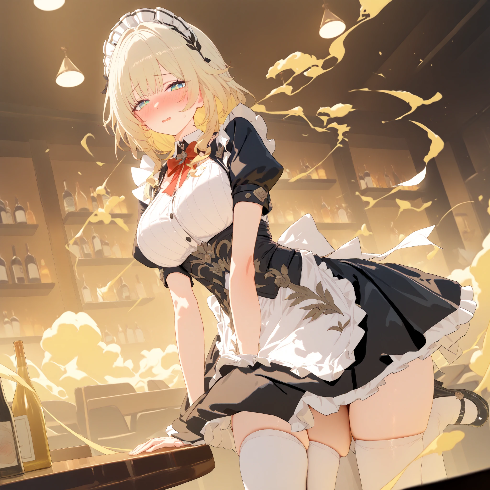 Highly detailed, Girl, Red eyes, Dark pupils, embarrased face, Blonde hair, Maid outfit, Black maid dress, show off breasts,   White stockings, White background，(huge tit)