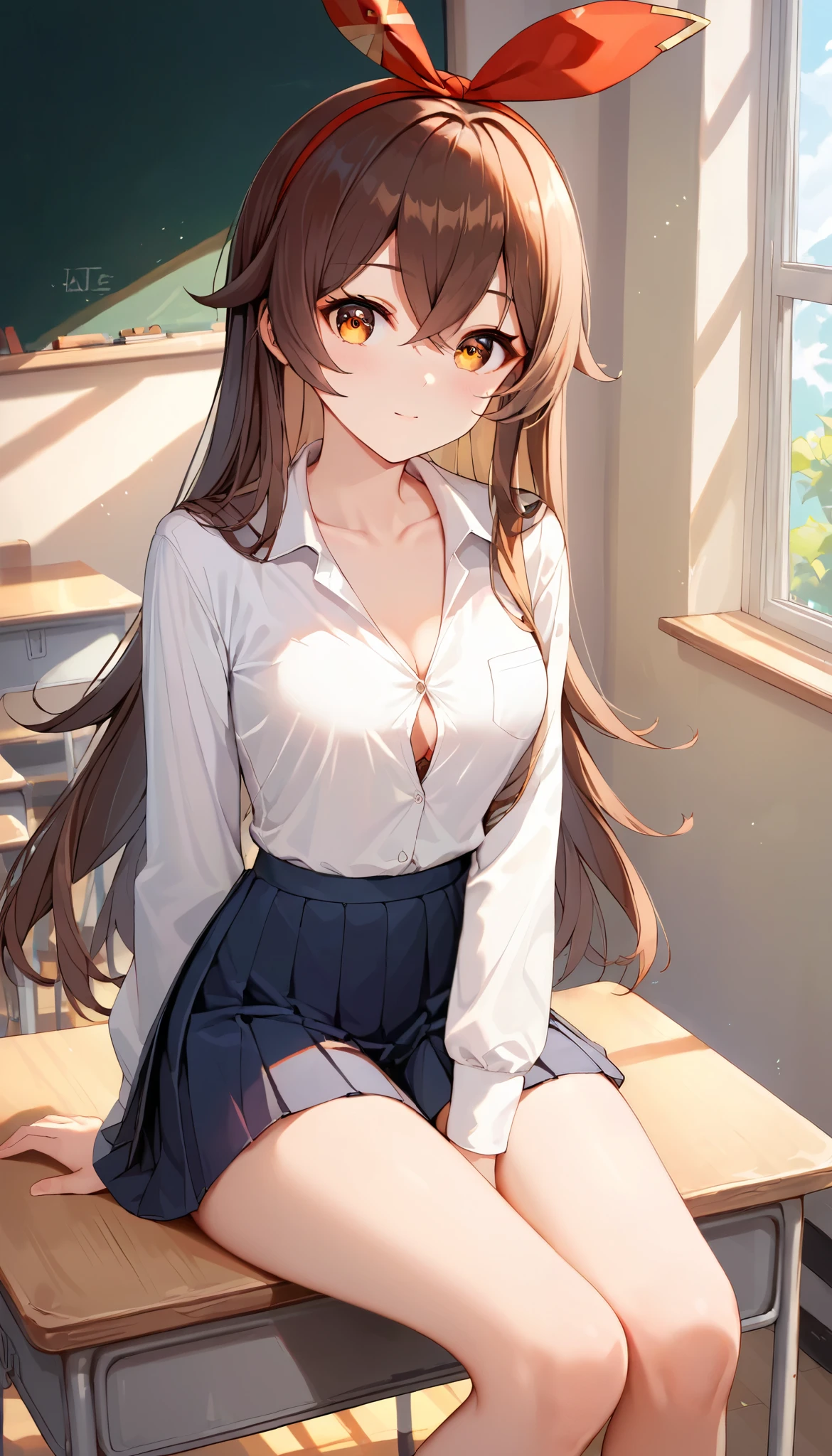 score_9, score_8_up, score_7_up,source_anime, high res image,masterpiece,best quality,girl,cute face,clear skin,amber_genshin, classroom, white button-up shirt, pleated black miniskirt, collarbone, sitting on a desk, (legs crossing)