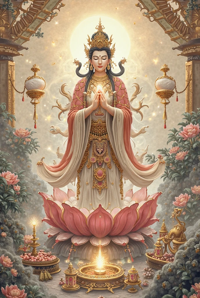 official art, unity 8k wallpaper, ultra detailed, beautiful and aesthetic, beautiful, masterpiece, best quality, (zentangle, mandala, tangle, entangle), Ksitigarbha Bodhisattva, a buddha wearing robe with a staff and a glowing beads in his hand and standing on a lotus flower, halo around his neck
<lyco:Ksitigarbha:0.85> <lora:detailmaker:1> <lyco:GoodHands-beta2:1.0>