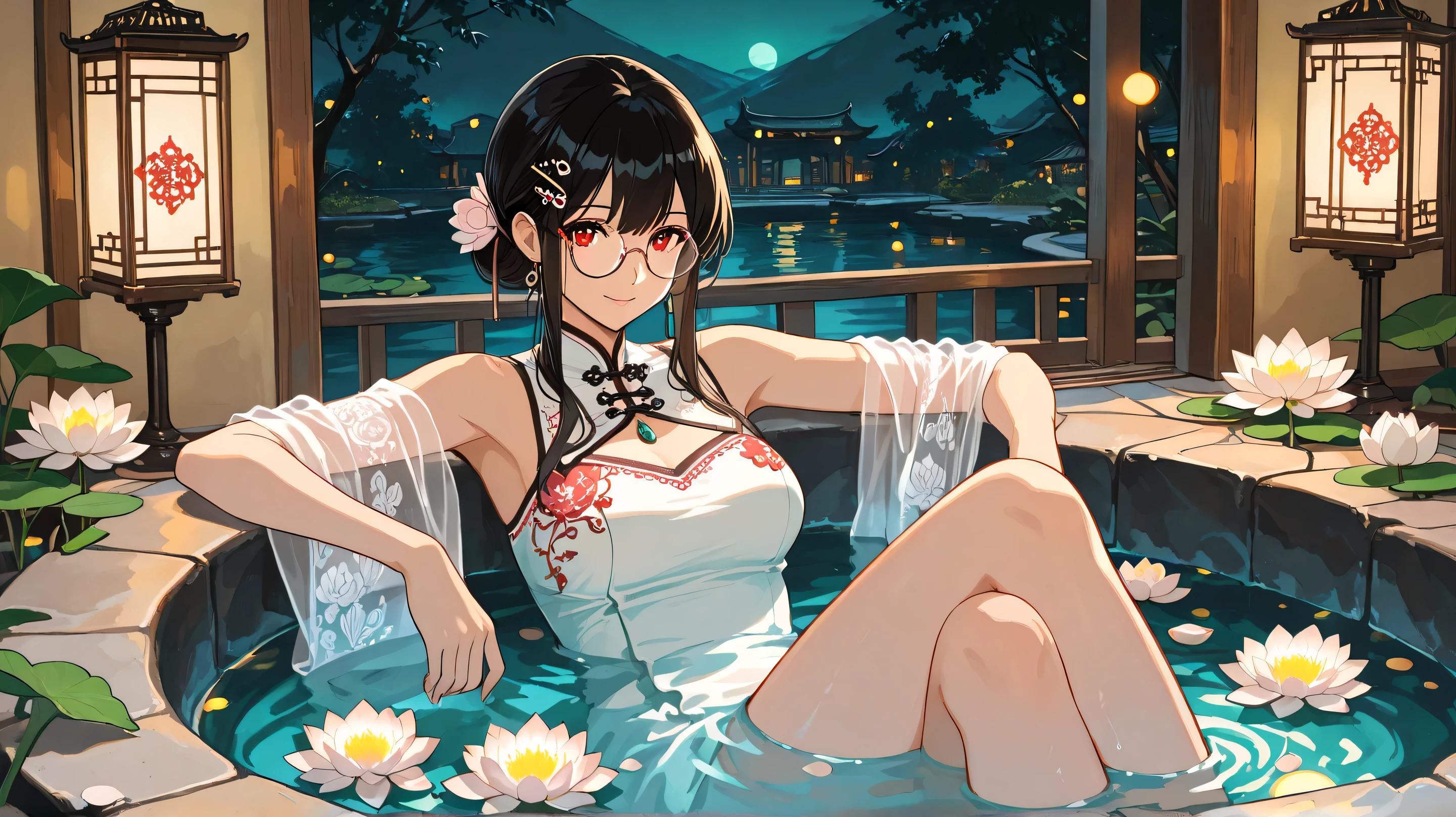 Masterpiece, Best Quality, Top Quality, Very Detailed, An anime-style illustration of a beautiful woman with dark hair tied in an elegant bun, adorned with delicate hairpins and floral accessories. She wears round glasses and a traditional Chinese-style dress with intricate embroidery. She is relaxing in an outdoor hot spring bath under the moonlight, surrounded by floating red and white lotus flowers. Her semi-transparent shawl drapes over her arms, and the water glows softly, reflecting the warm ambient lights of a traditional Chinese courtyard in the background. The atmosphere is serene and enchanting, blending modern and historical aesthetics.