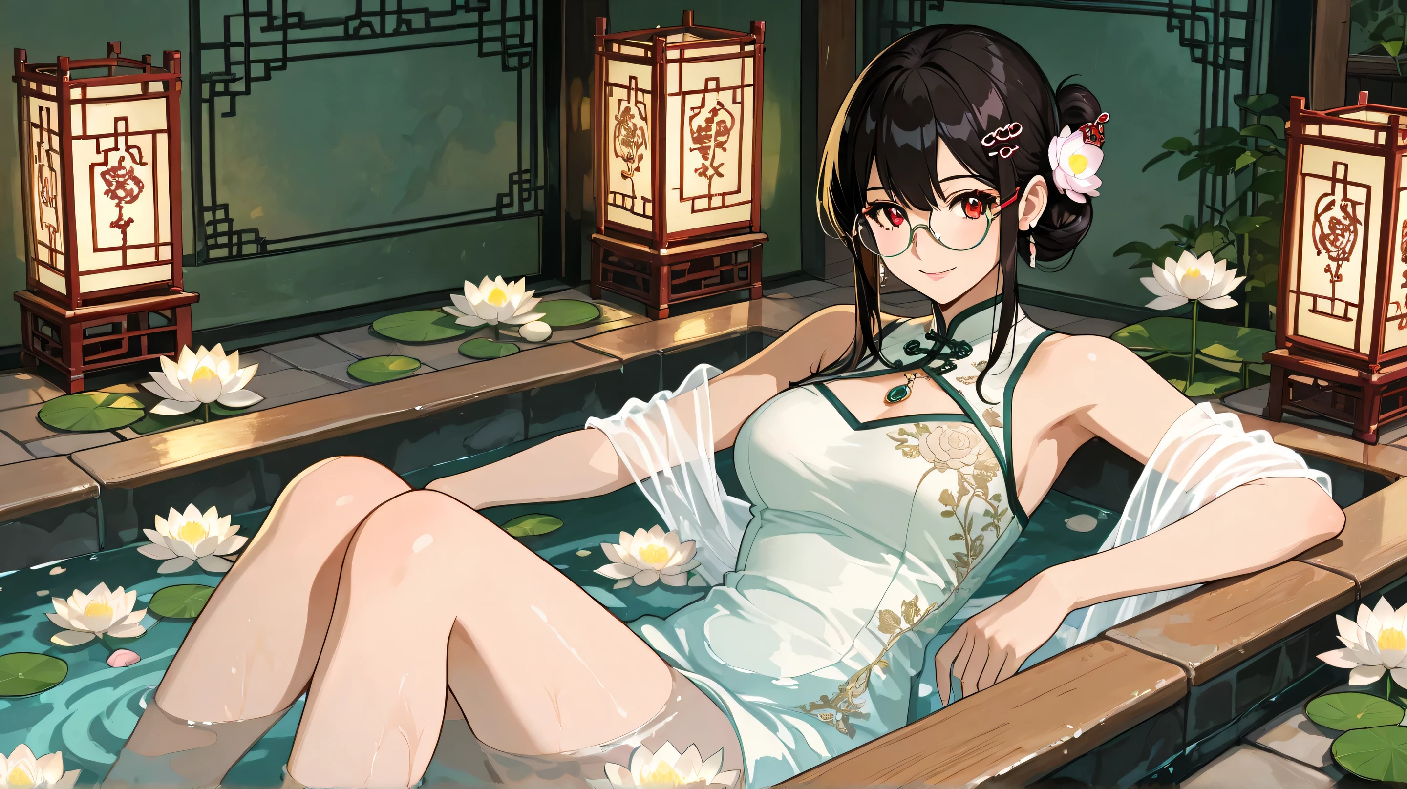 Masterpiece, Best Quality, Top Quality, Very Detailed, An anime-style illustration of a beautiful woman with dark hair tied in an elegant bun, adorned with delicate hairpins and floral accessories. She wears round glasses and a traditional Chinese-style dress with intricate embroidery. She is relaxing in an outdoor hot spring bath under the moonlight, surrounded by floating red and white lotus flowers. Her semi-transparent shawl drapes over her arms, and the water glows softly, reflecting the warm ambient lights of a traditional Chinese courtyard in the background. The atmosphere is serene and enchanting, blending modern and historical aesthetics.