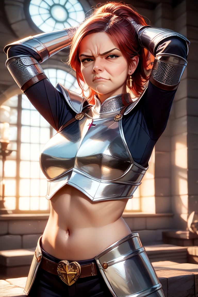 4k, 8k, best quality, ultra high res, (photorealistic:1.4),(masterpiece:1.2), best quality, masterpiece, highres, original, extremely detailed wallpaper, (ultra-detailed), (best illustration), (eyes detailed), (best shadow), (realism), realistic, 1girl, scar on nose, medium breasts, red hair, feathered owl ears, golden ornament, white pants, (Muscle lines) ,pauldrons, <lora:more_details:0.6> <lora:Sett:0.7>