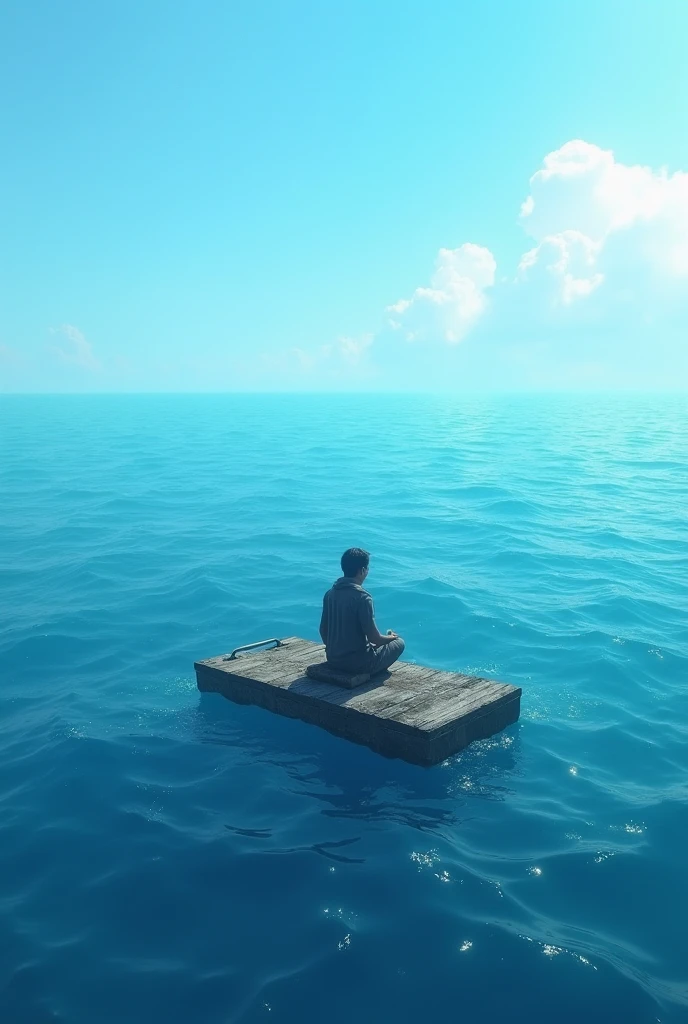 a man floating on a bench underwater, delicate oil painting simulation, mysterious mood, detailed face and body, sitting in reflection, blue background