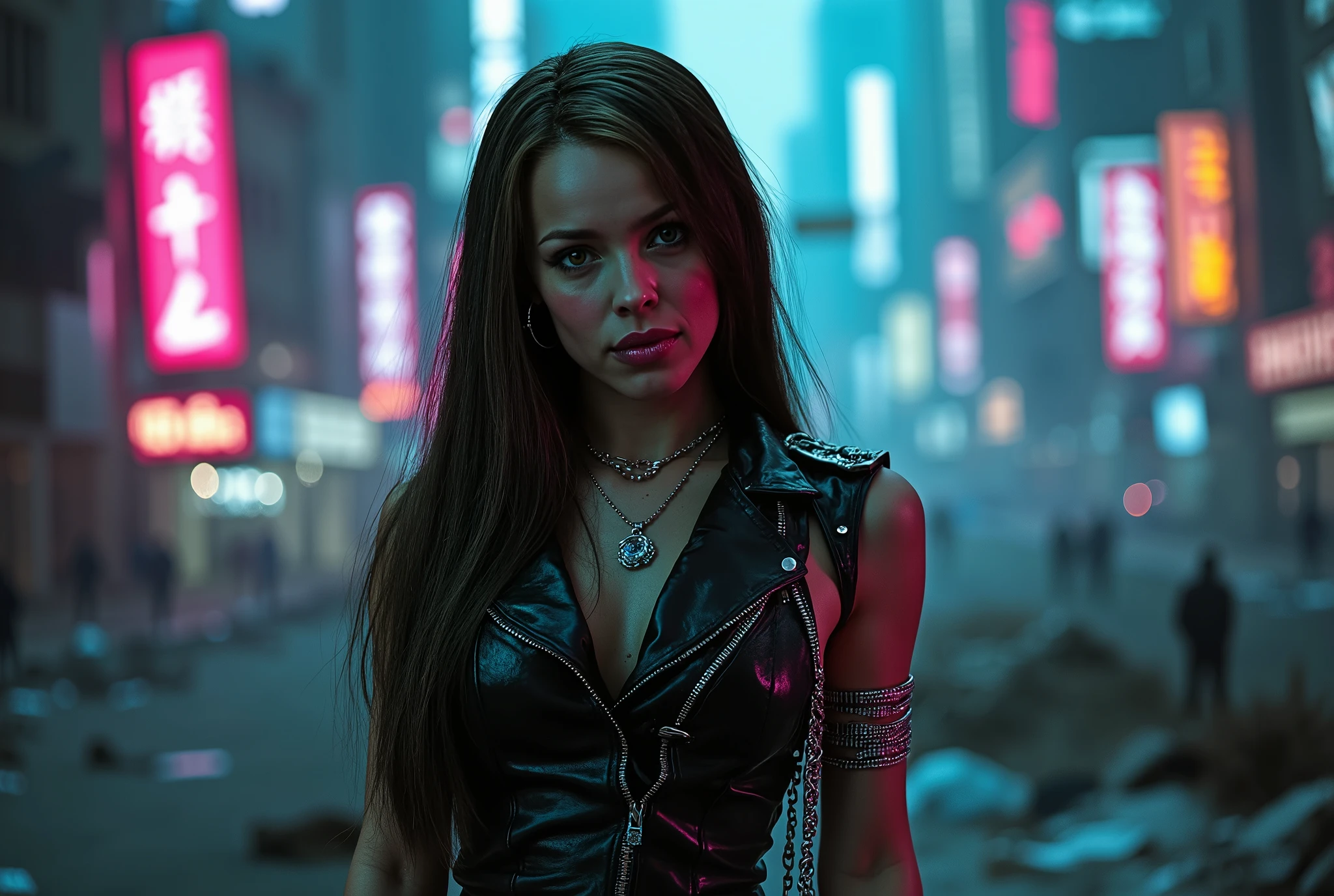 Centered, Cyberpunk and dystopian apocalyptic poster, full body shot from head to toe of a realistic woman in a futuristic leather outfit, embodying the essence of a chaotic world. The image employs Chiaroscuro techniques, leaning towards nearly black and white visuals with striking neon accents that highlight her cybernetic enhancements. Adorned with rings, bracelets, necklaces, and chains, she showcases massive jewelry that reflects the allure and complexity of her existence in this dark future. The artistic style draws inspiration from Frank Miller and Robert Rodriguez, resulting in a magnificent and attractive portrayal, capturing both the beauty and decay of urban life.
Her long loose hair features glowing strands that contrast against the gloom, and her UHD presence is accentuated by perfect body and striking eyes, with wide-open pupils reflecting the city lights. The sharp gaze, dark lips, and light teasing smile contribute to her flawless face, while her makeup mirrors the chaos surrounding her. The background reveals crumbling skyscrapers and vibrant neon signs, creating a captivating juxtaposition that enhances the overall narrative of urban decay and dystopian fantasy. This centered, wide-angle lens perspective offers a panoramic view, showcasing the intricate details of the cybernetic enhancements and the desolate environment that envelops her.