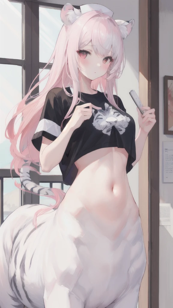 (best quality, masterpiece), 1 girl, centaur, I beg, White skin, Japanese schoolgirl,daughter,black pink, exposing the abdomen, belly button t-shirt , beautiful girl perfect, White tiger photo, 완벽한 White tiger photo