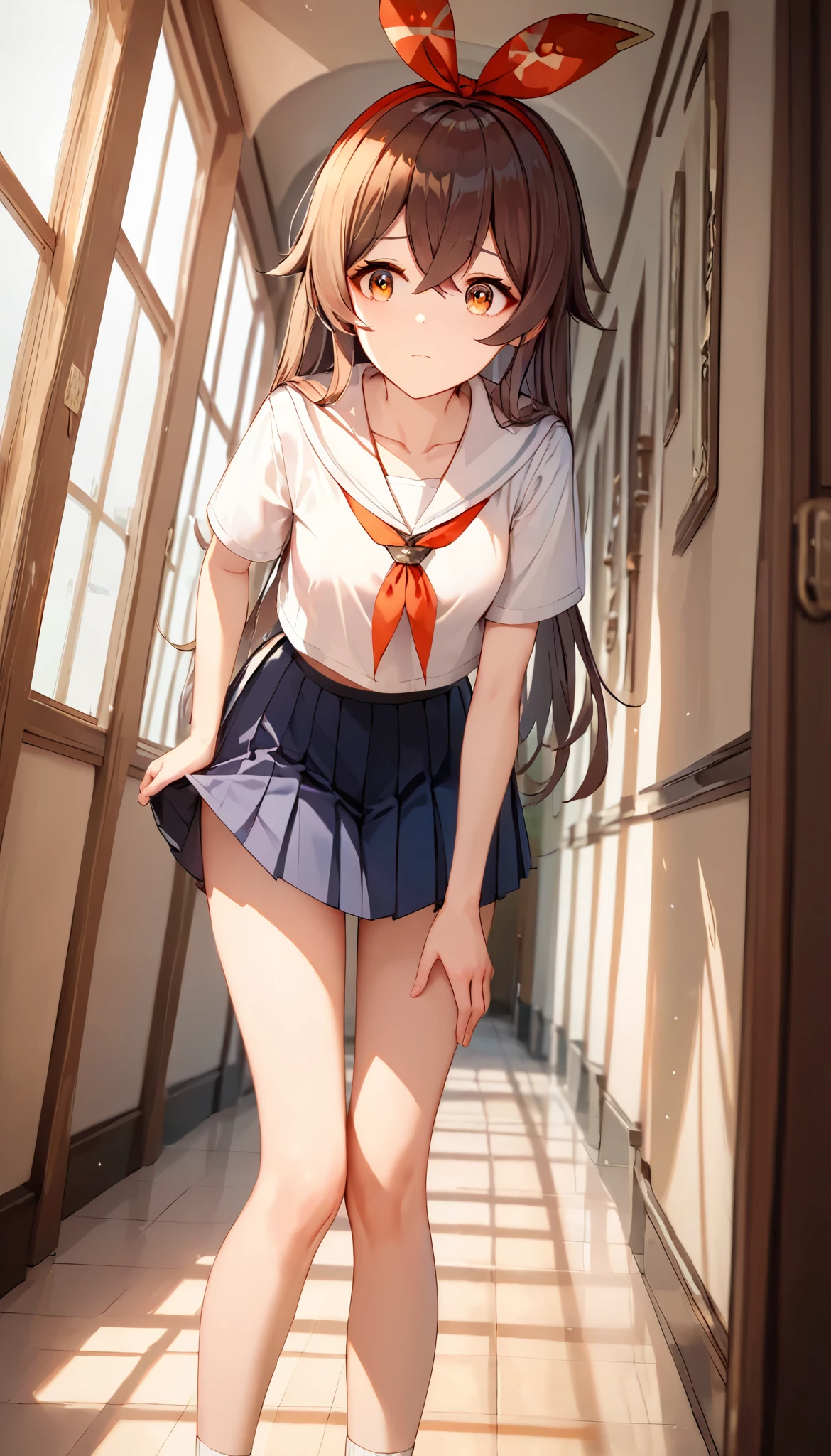 score_9, score_8_up, score_7_up,source_anime, high res image,masterpiece,best quality,girl,cute face,clear skin,amber_genshin, school hallway, white sailor fuku, pleated black miniskirt, collarbone, standing, cowboy shot, leaning forward, concerned, worried, view from below