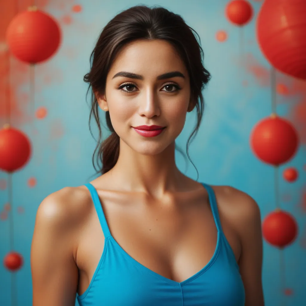 nfsw, 8k, masterpiece, RAW photo, best quality, photorealistic, extremely detailed CG unity 8k wallpaper, Depth of field, Cinematic Light, Lens Flare, Ray tracing, (extremely beautiful face, beautiful lips, beautiful eyes), intricate detail face, ((ultra detailed skin)), ((1girl:1.9)), ((alone:1.9)), ((17years old)), (beautiful and aesthetic:1.2), deep shadow, (sharp focus), [((Raiana-Elizabeth-Dilla:1.9))], pretty girl, (very slim slender fit-muscled body:1.9), (((Classic-style fashion:1.9))) (((ultra-short ((red:1.5)) clothes))), (((colorful-abstract background:1.9))), (shiny skin), clear eyes, (pale skin), (face side), ((face-view)), ((extreme-close-up-face:1.8, portrait)), soft lighting, (flowing dark-black hair), (looking at viewer:1.8), cleavage breasts, (large breasts:1.4), highly detailed, ultra realistic, extremely detailed and realistic ((red:1.5)) clothes.